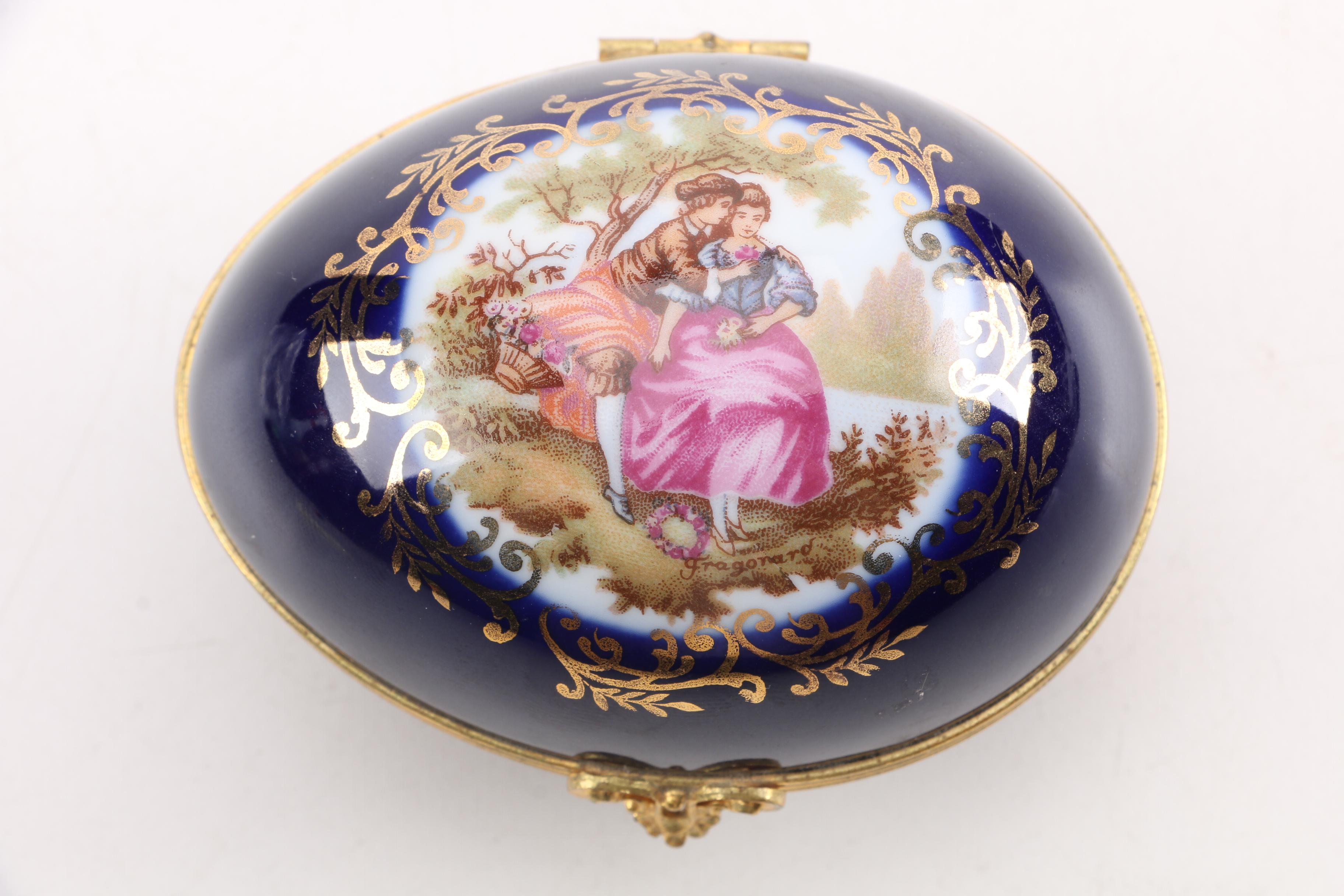 Limoges Dark Blue Glazed Porcelain Egg Trinket Box