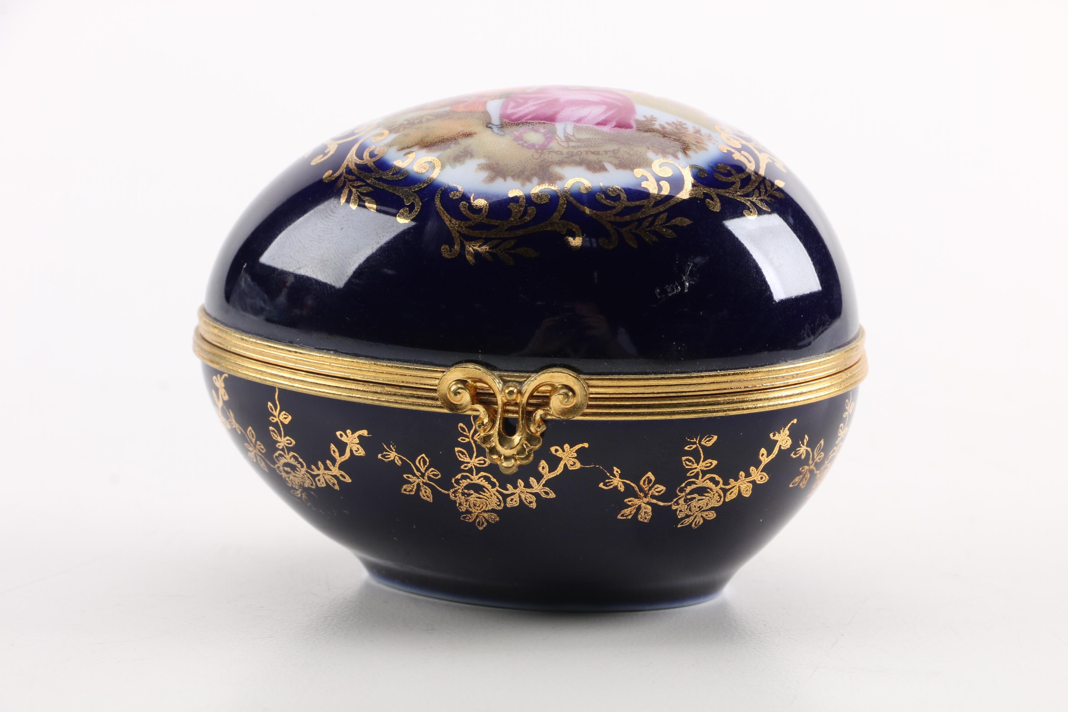 Limoges Dark Blue Glazed Porcelain Egg Trinket Box