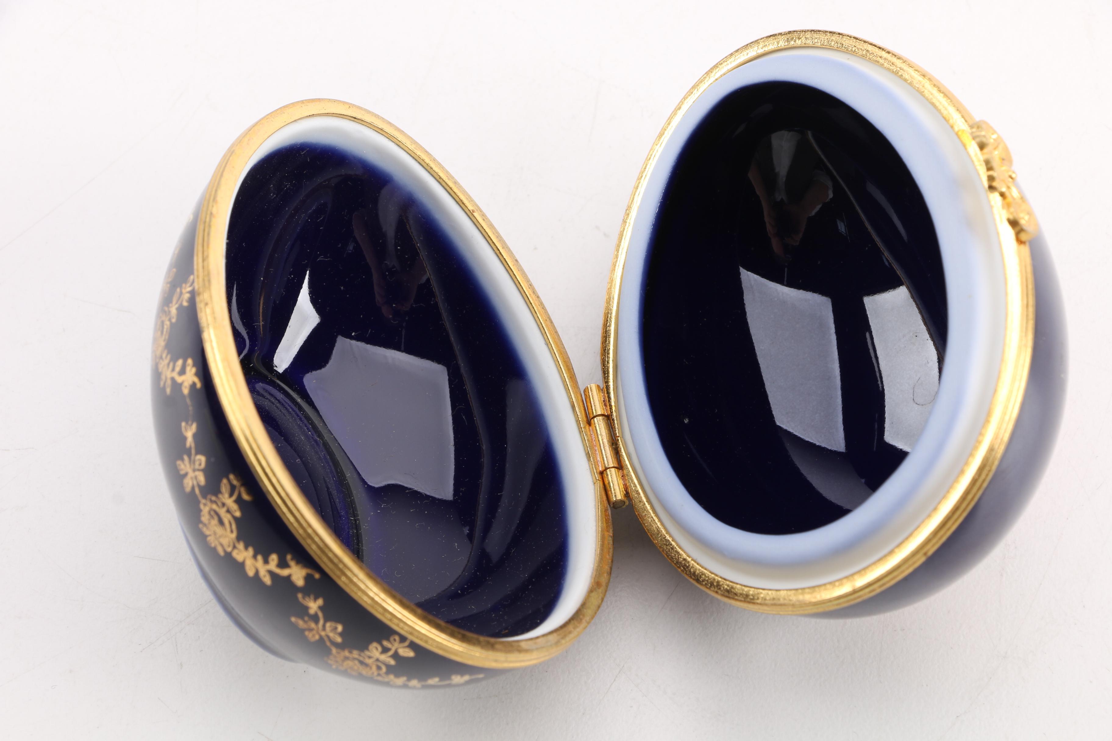 Limoges Dark Blue Glazed Porcelain Egg Trinket Box