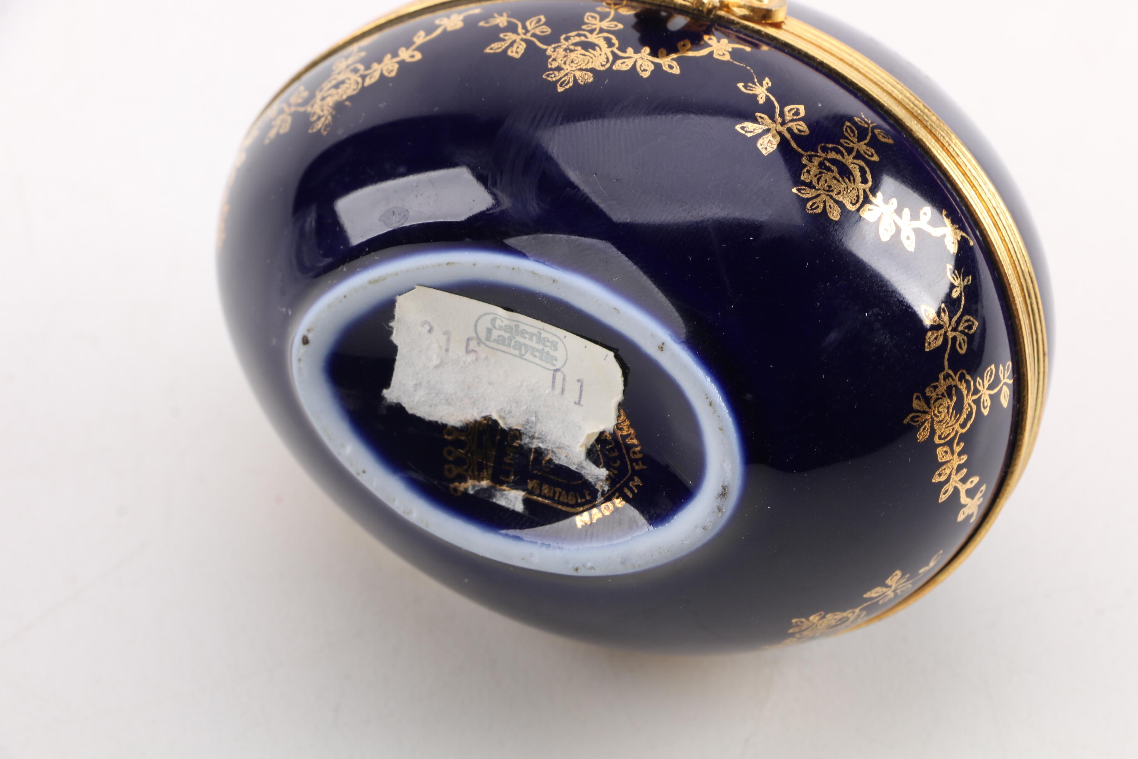 Limoges Dark Blue Glazed Porcelain Egg Trinket Box