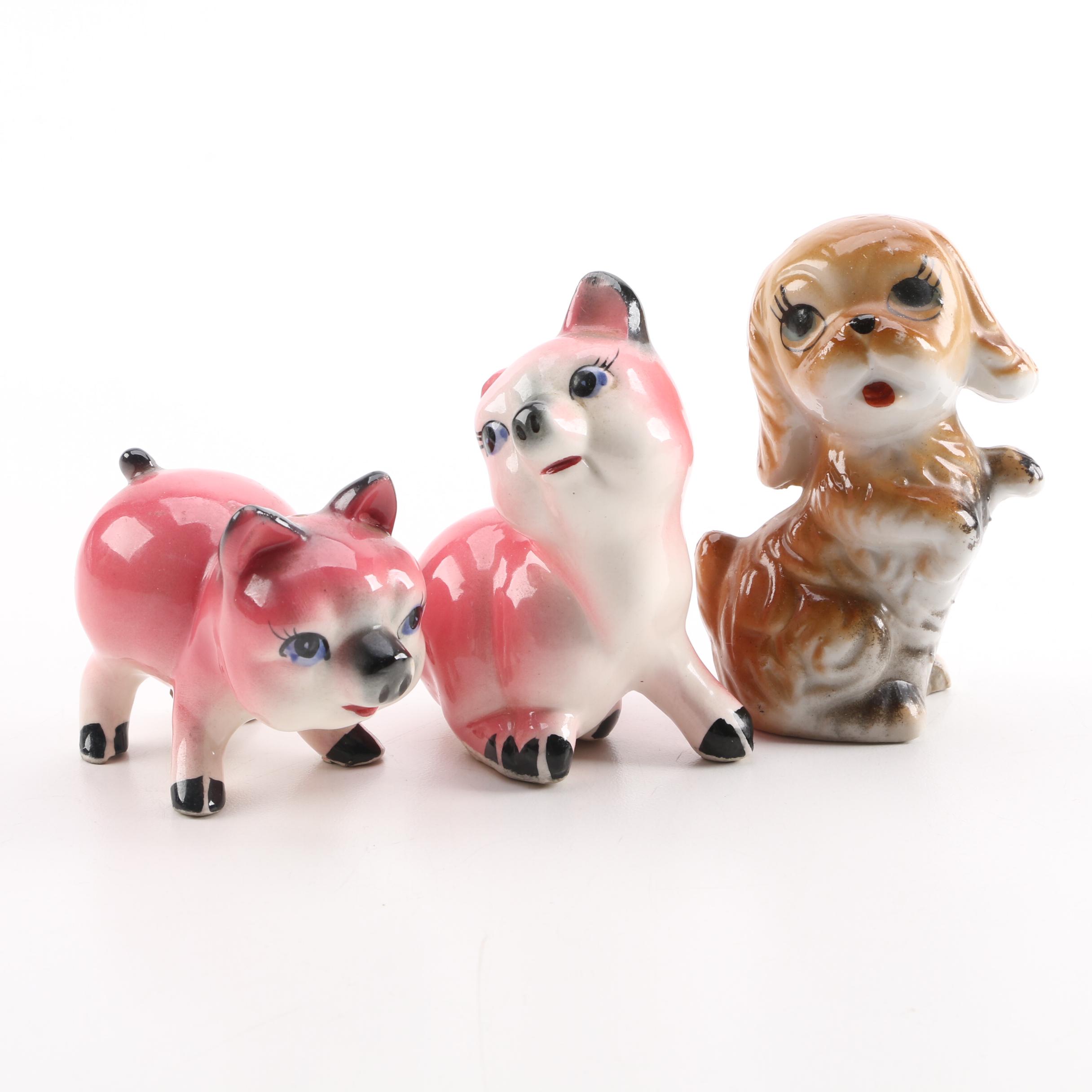 Vintage Pig Salt and Pepper Shakers with Puppy Figurine
