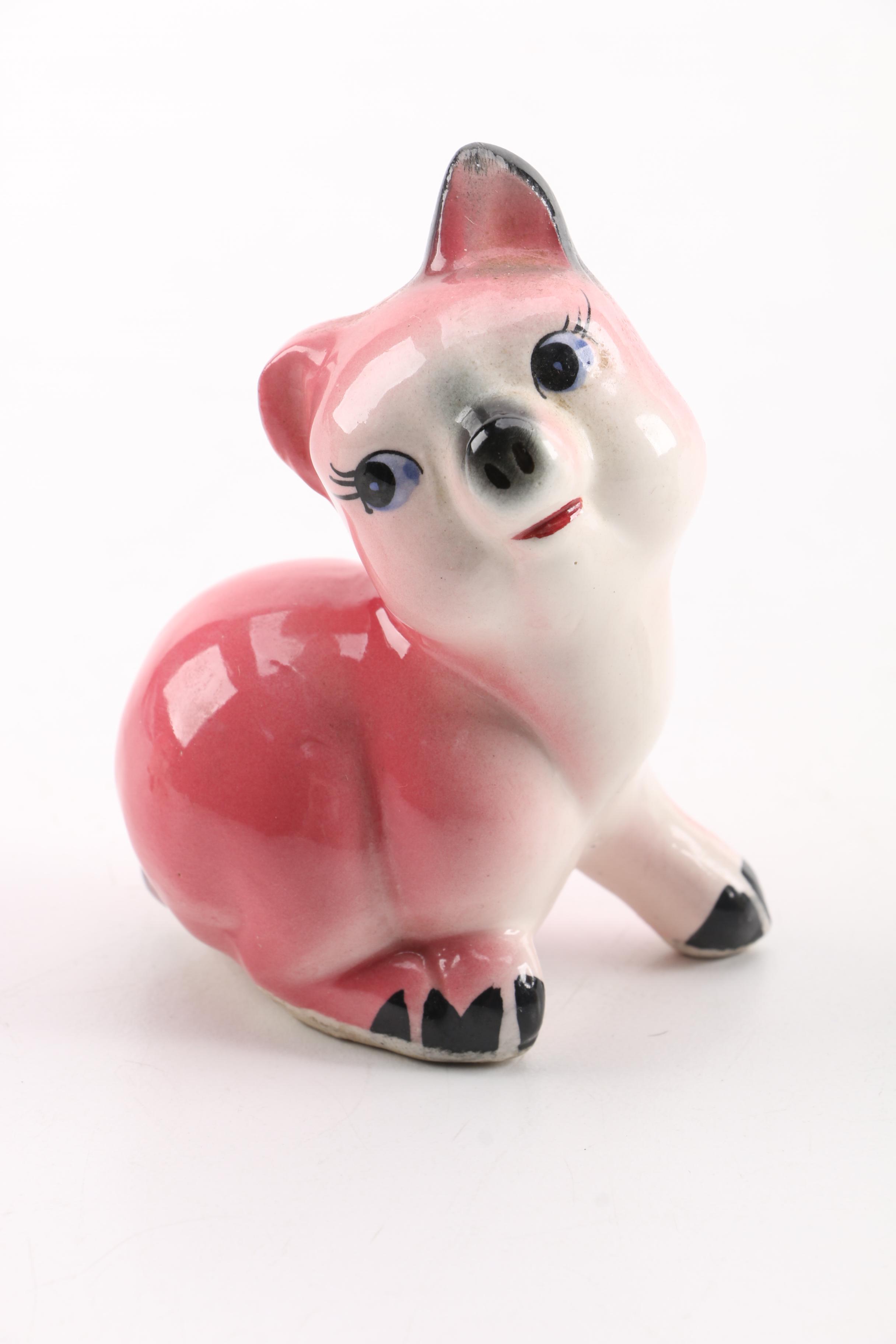 Vintage Pig Salt and Pepper Shakers with Puppy Figurine