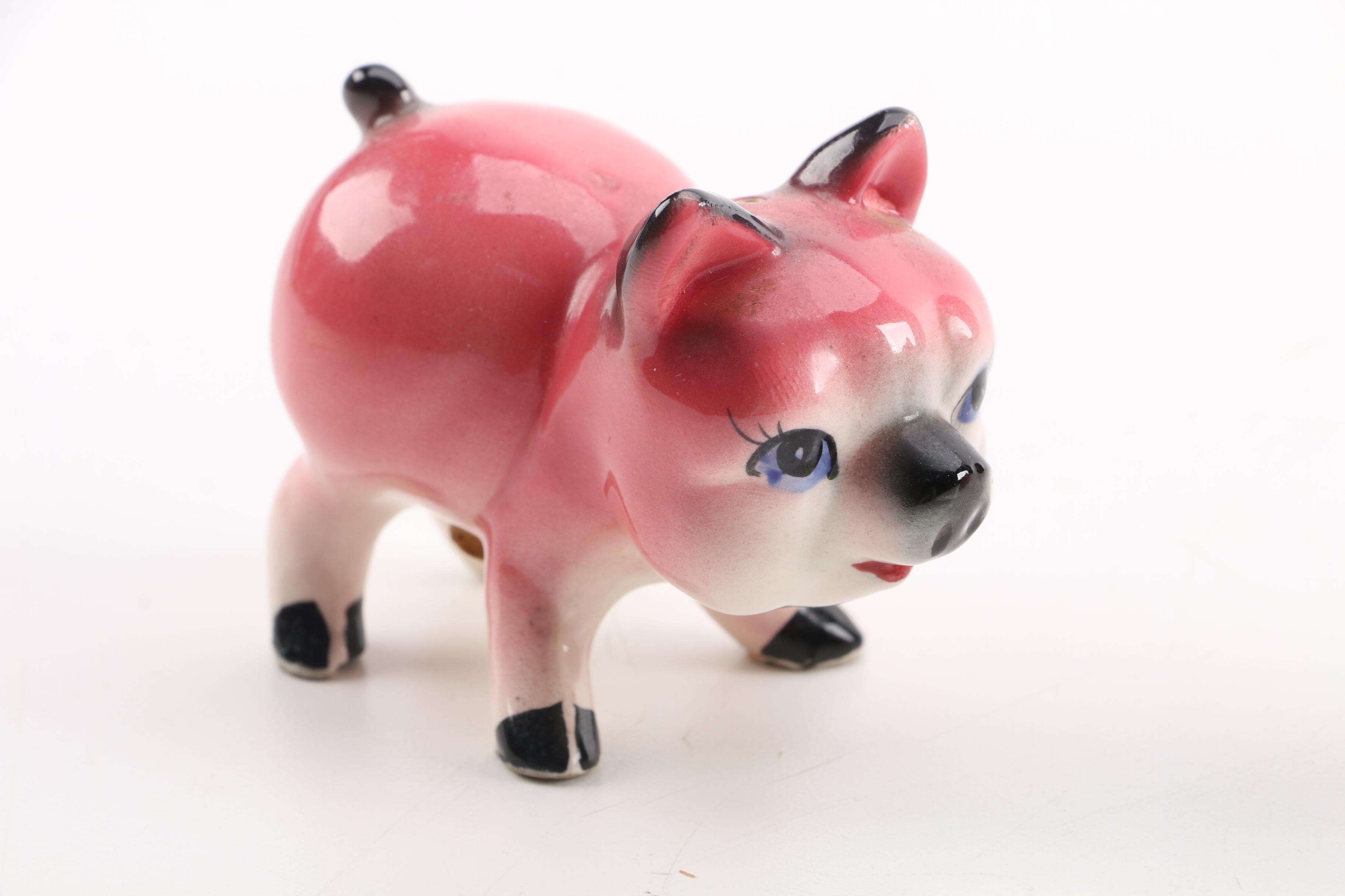 Vintage Pig Salt and Pepper Shakers with Puppy Figurine