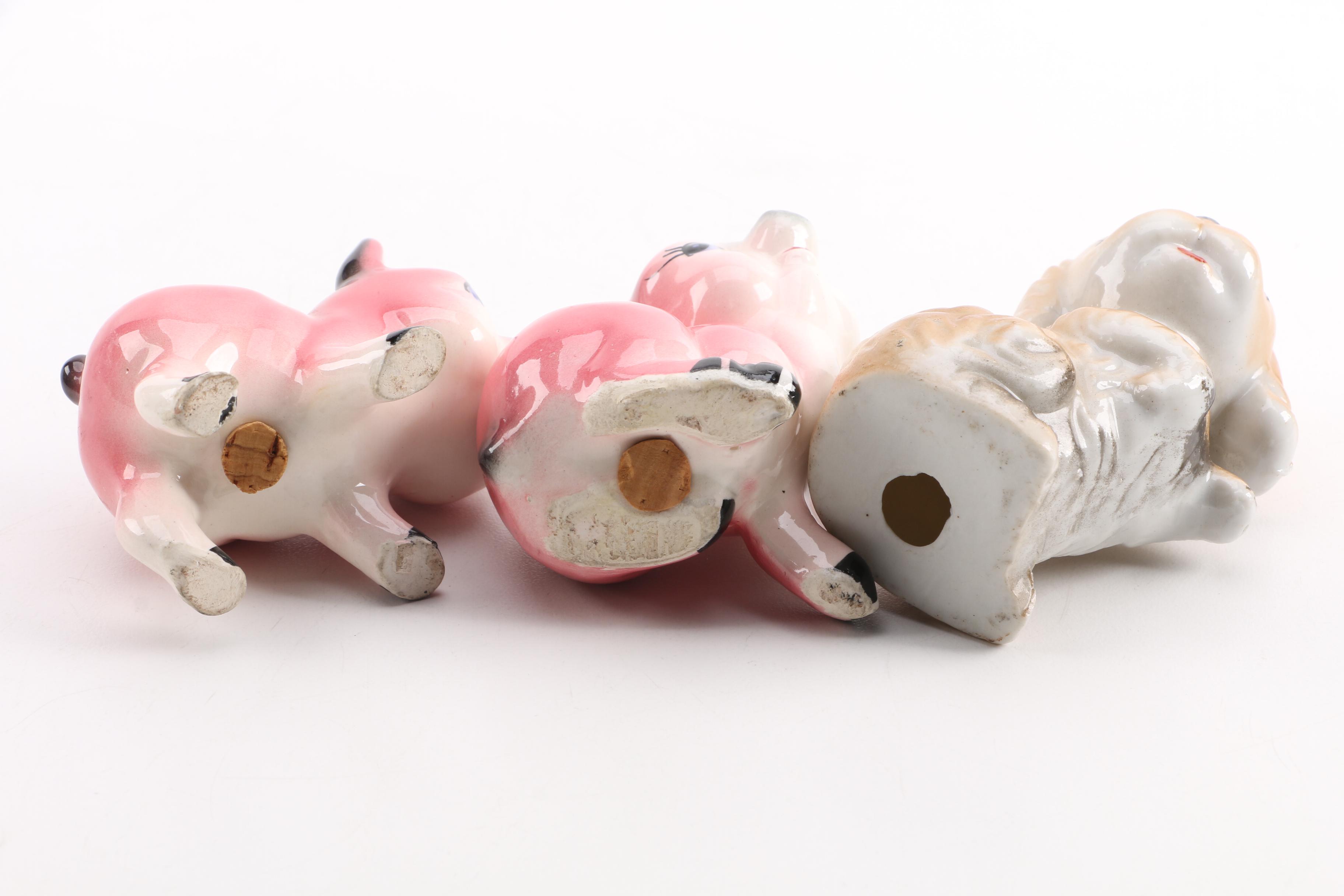 Vintage Pig Salt and Pepper Shakers with Puppy Figurine