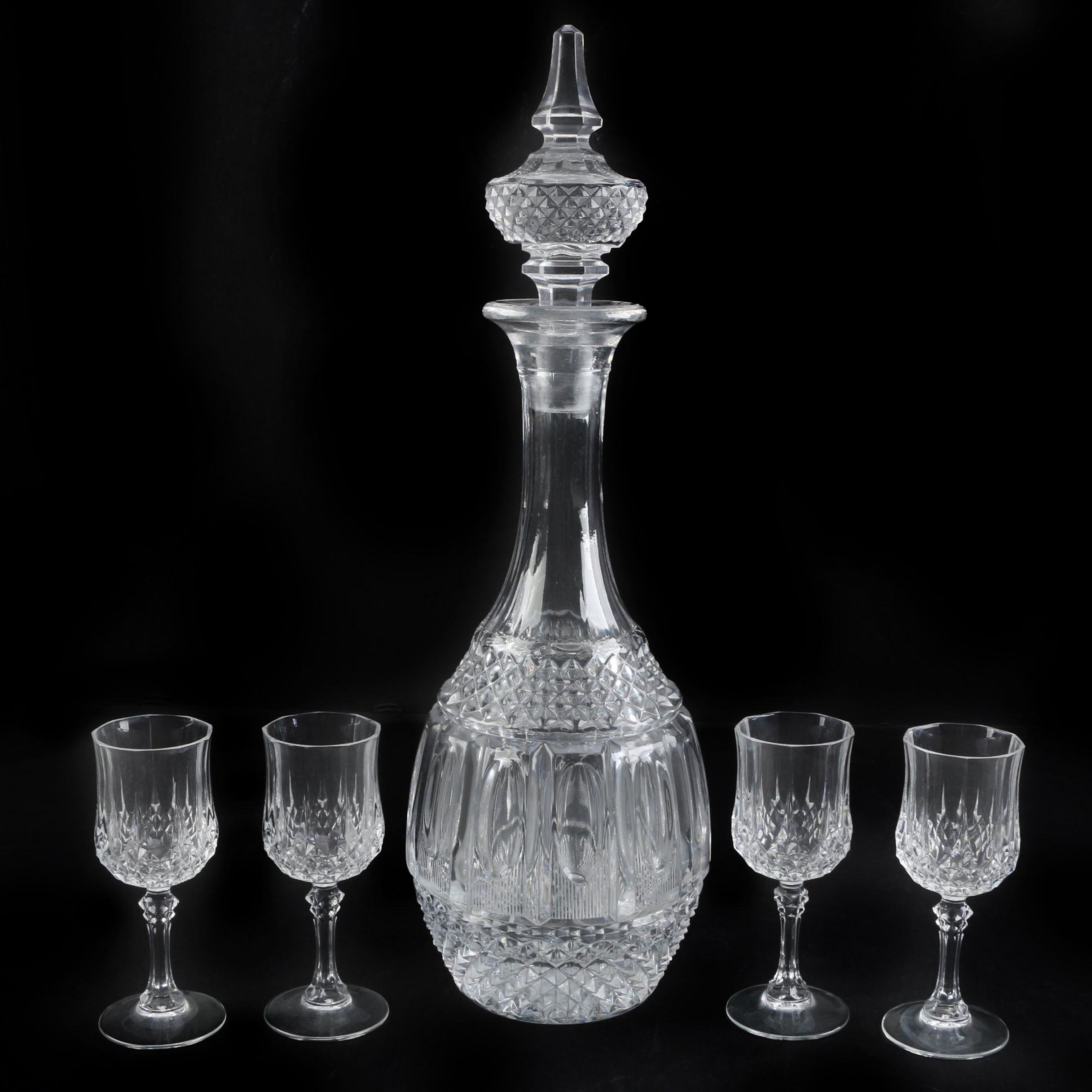 Crystal Decanter and Cristal D'Arques-Durand "Longchamp" Cordial Glasses