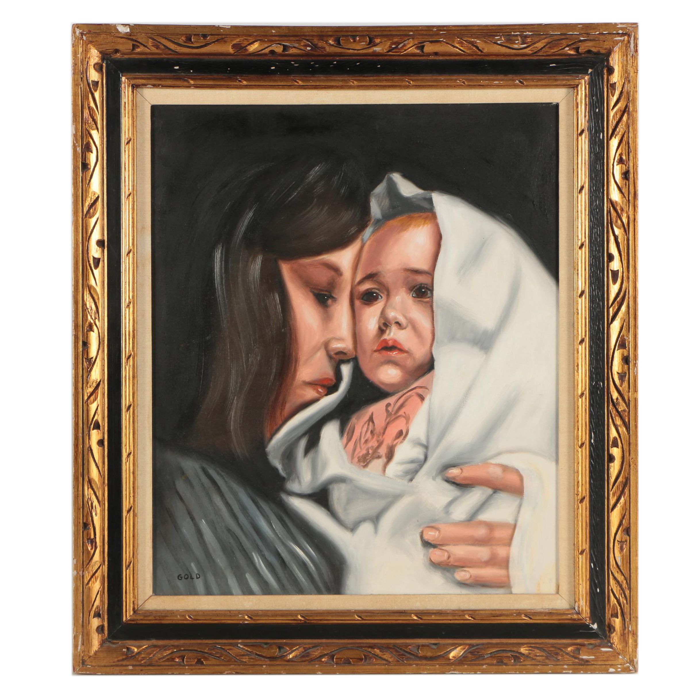 Gold Oil Portrait of Mother and Baby