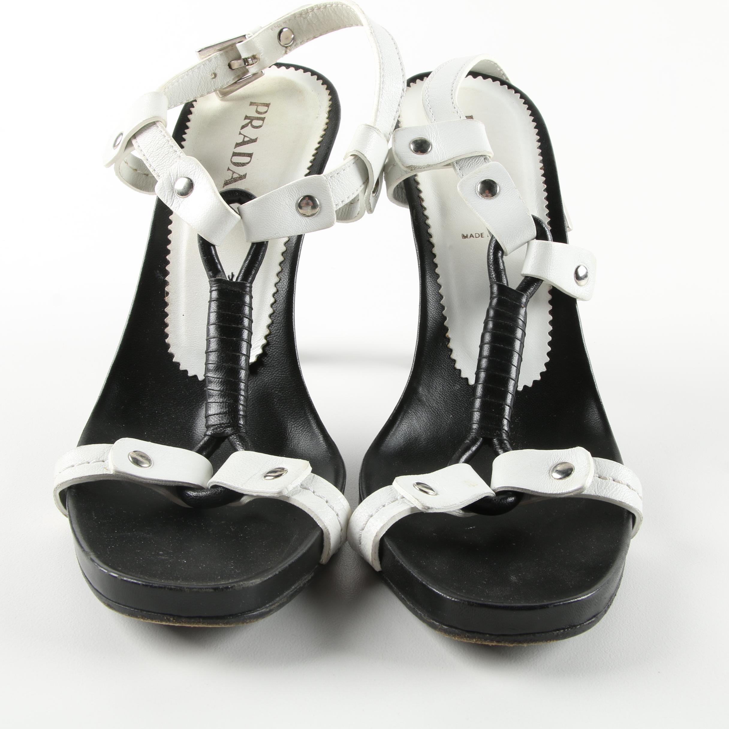 Prada Black and White Leather Heeled Dress Sandals, Made in Italy