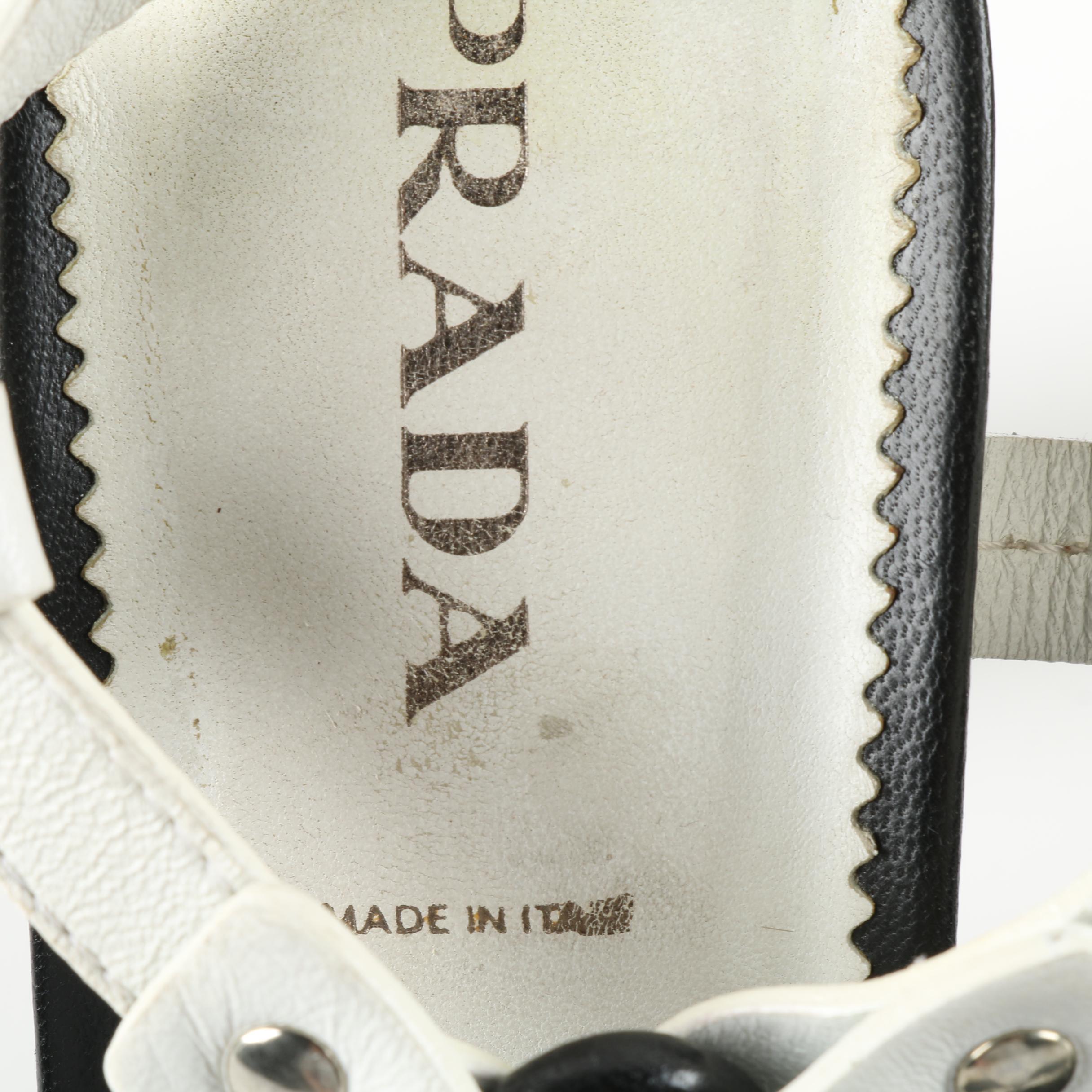 Prada Black and White Leather Heeled Dress Sandals, Made in Italy