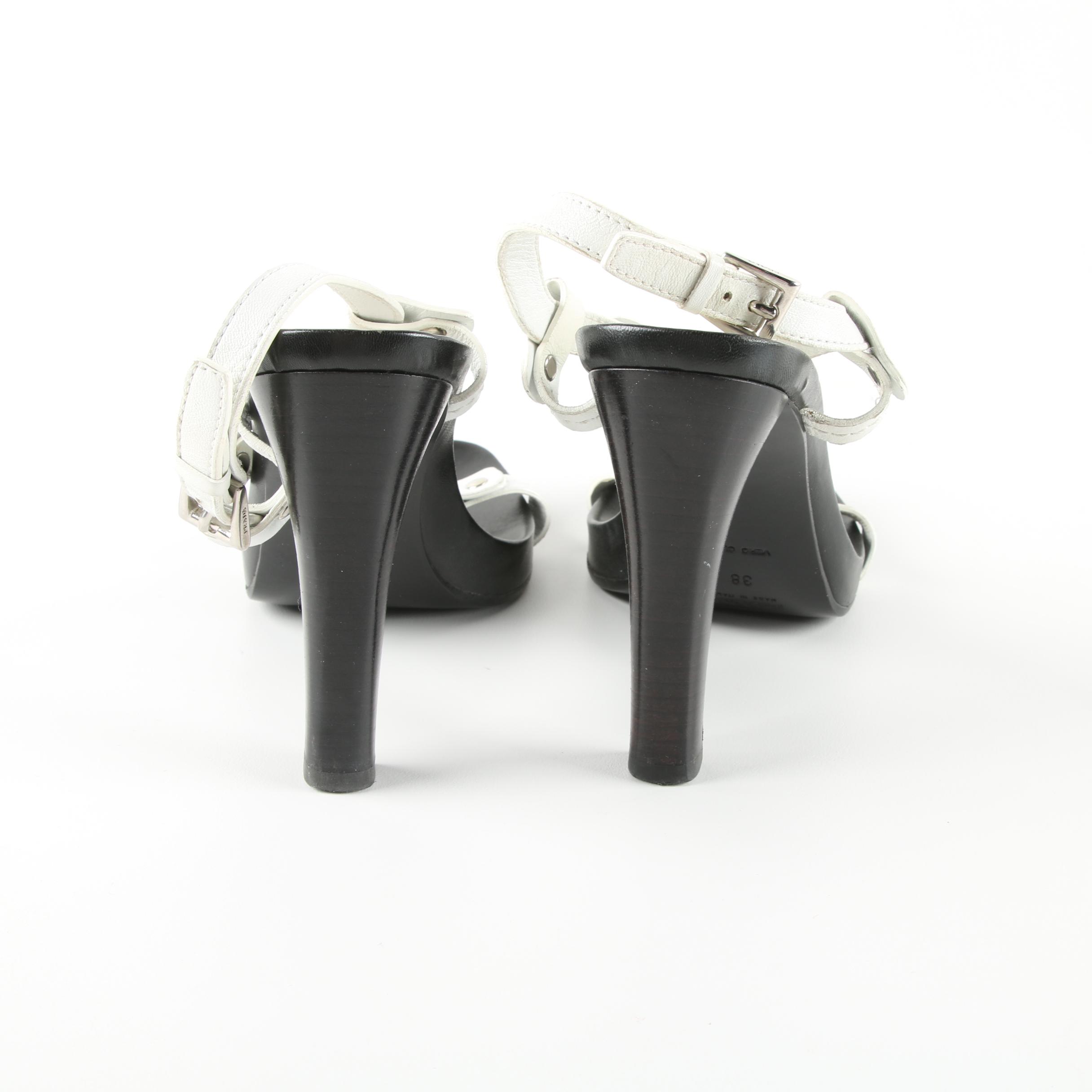 Prada Black and White Leather Heeled Dress Sandals, Made in Italy