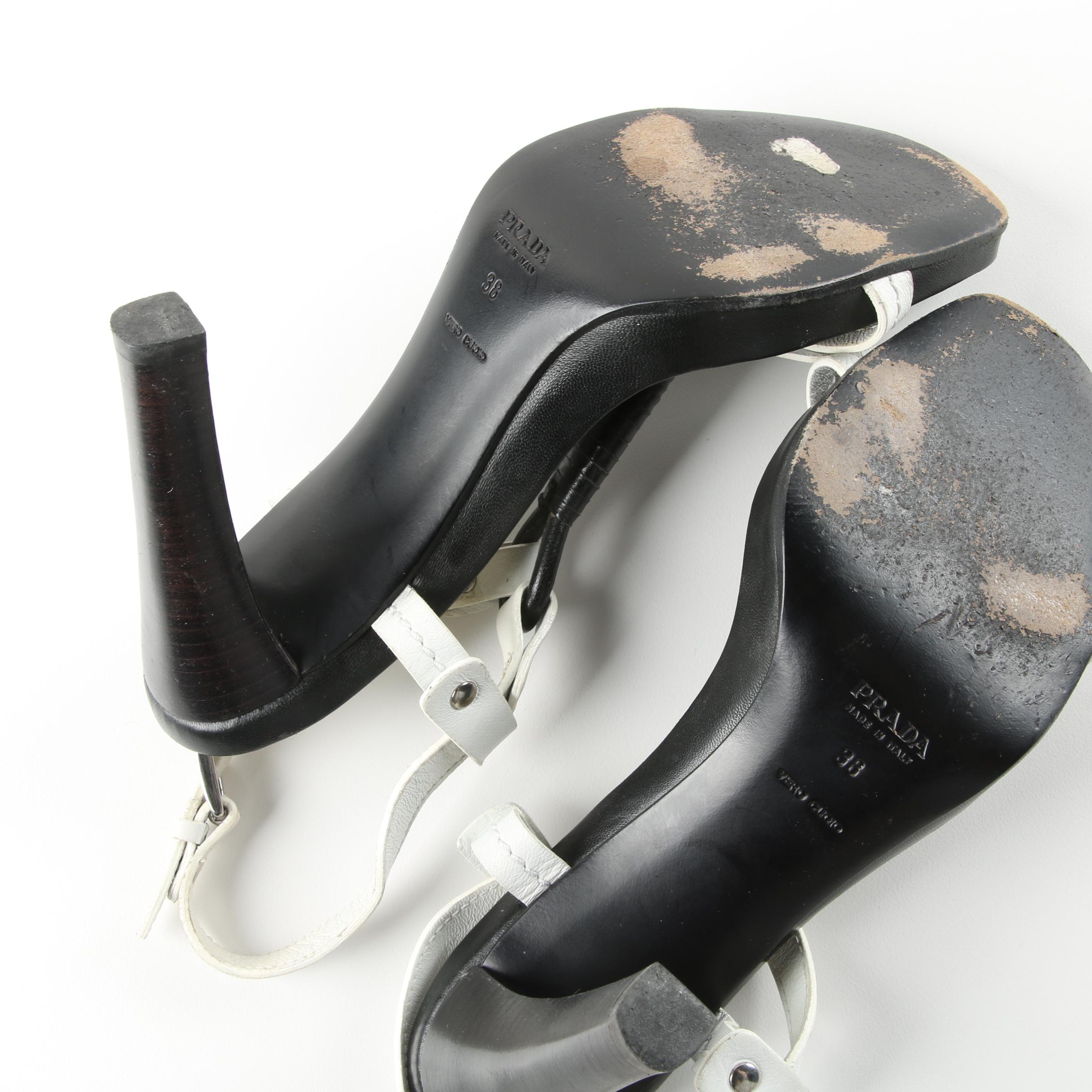 Prada Black and White Leather Heeled Dress Sandals, Made in Italy