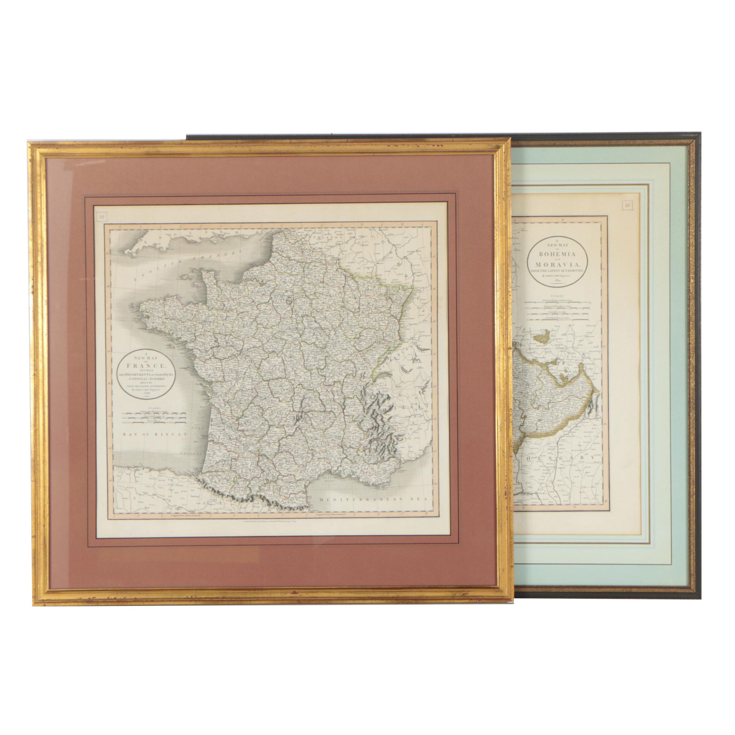 Antique Hand Colored Engraved Maps After J. Cary of Bohemia, Moravia and France