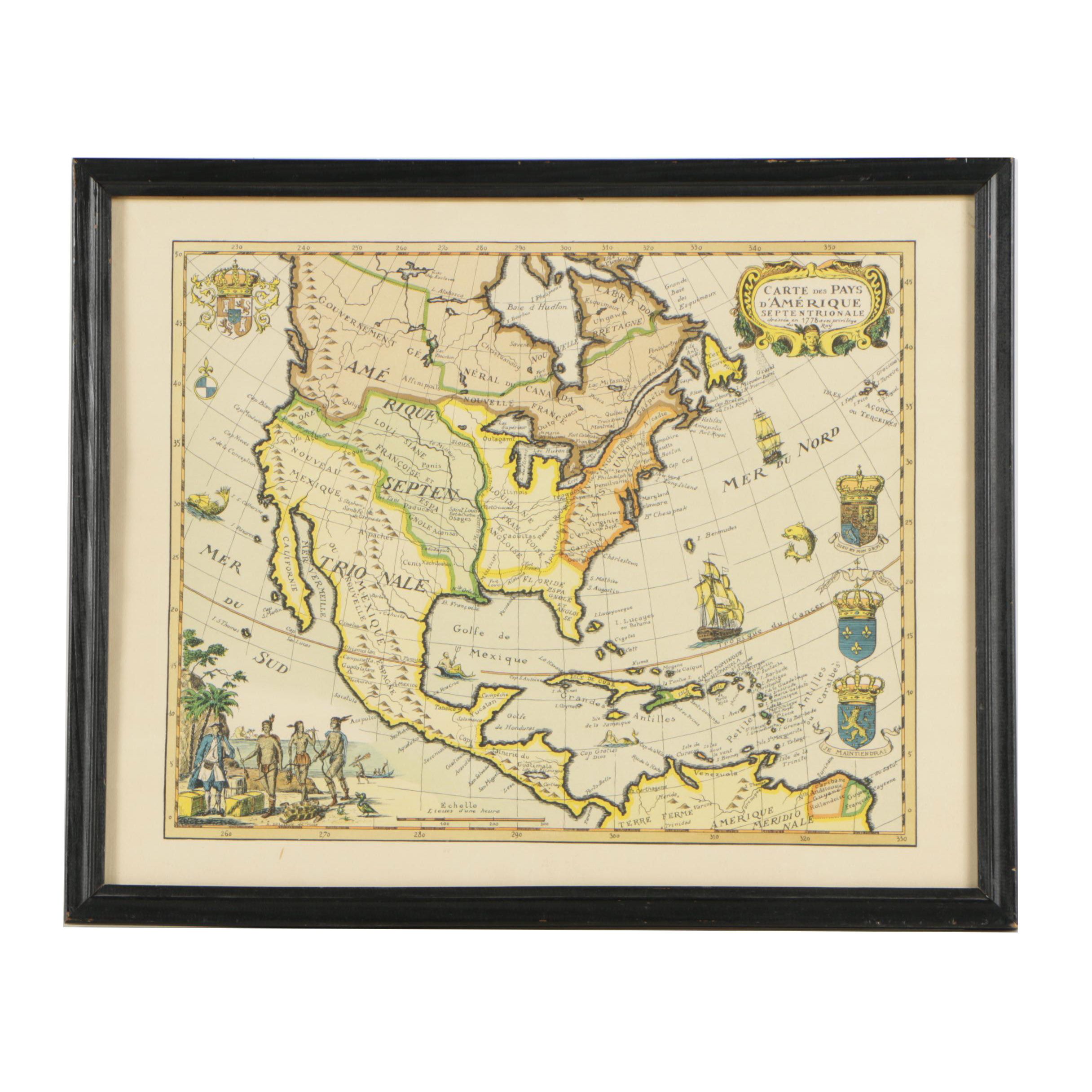 Color Lithograph After 1778 Map "Carte des Pays d'Amérique Septentrionale"