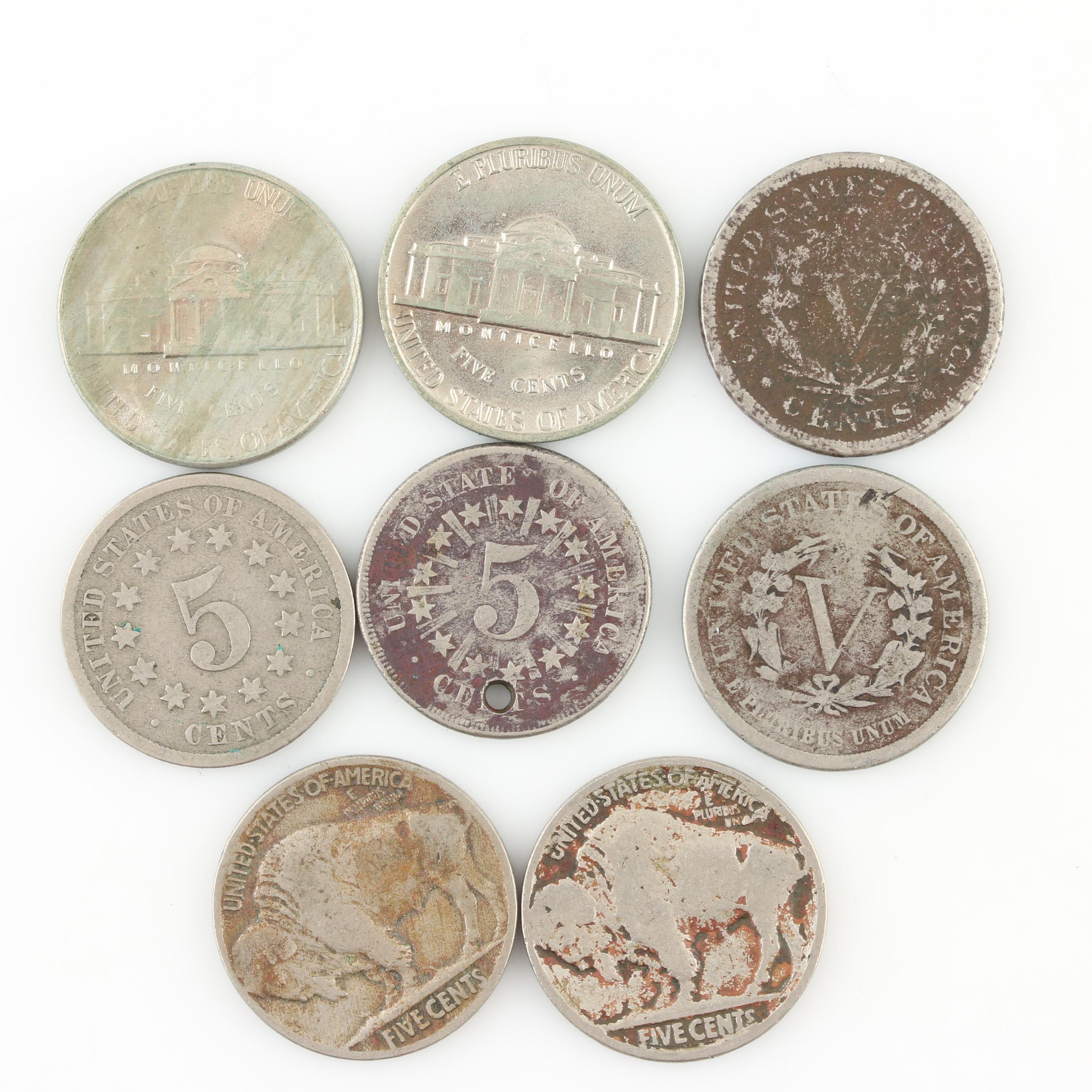 Group of Eight Various Antique and Vintage U.S. Nickels