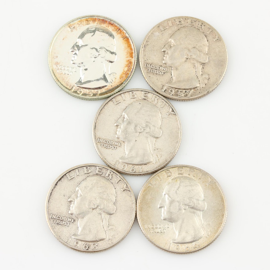 Group of Five Silver Washington Quarters Ranging From 1957 to 1964