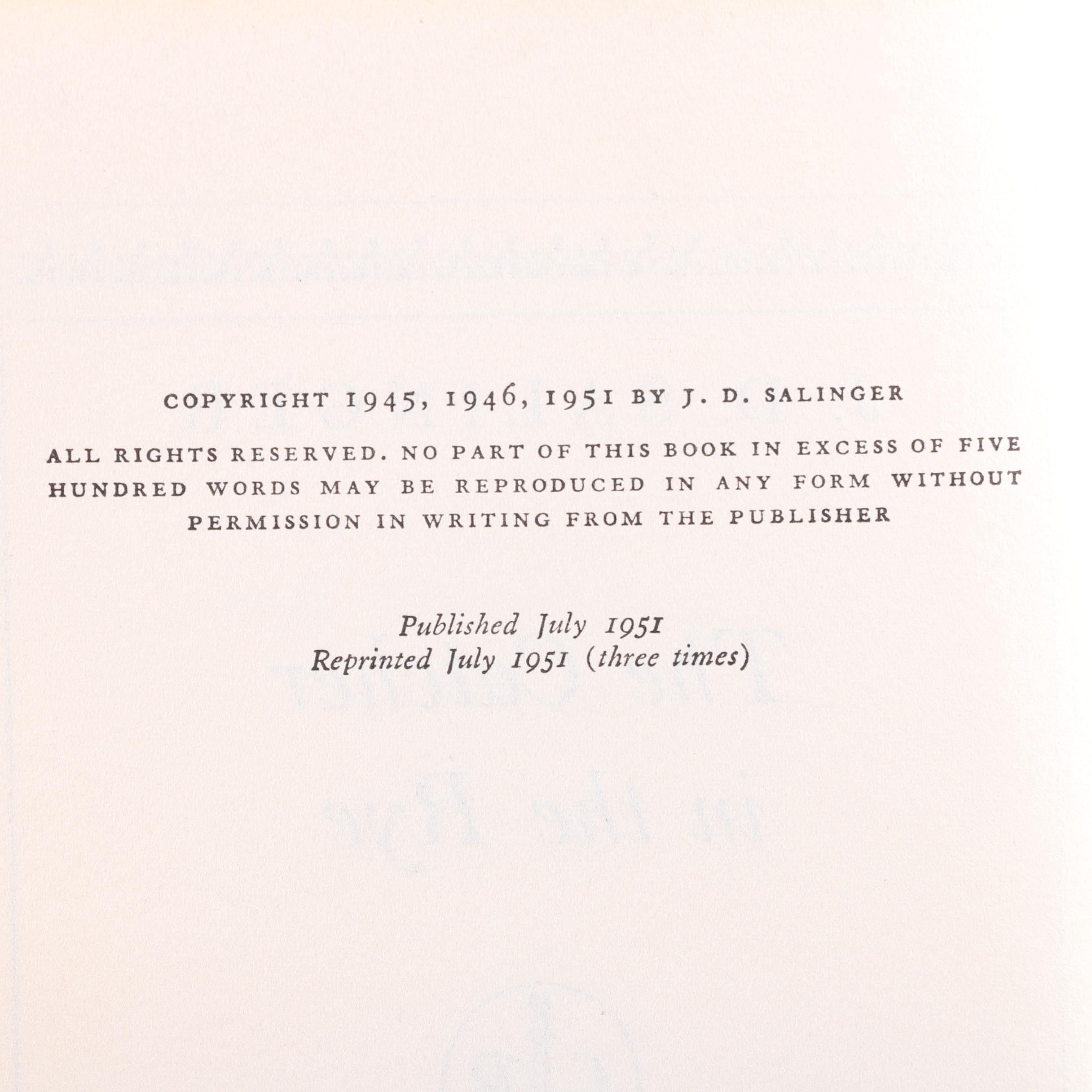 1951 First Edition, Fourth Printing "The Catcher in the Rye" by J.D. Salinger