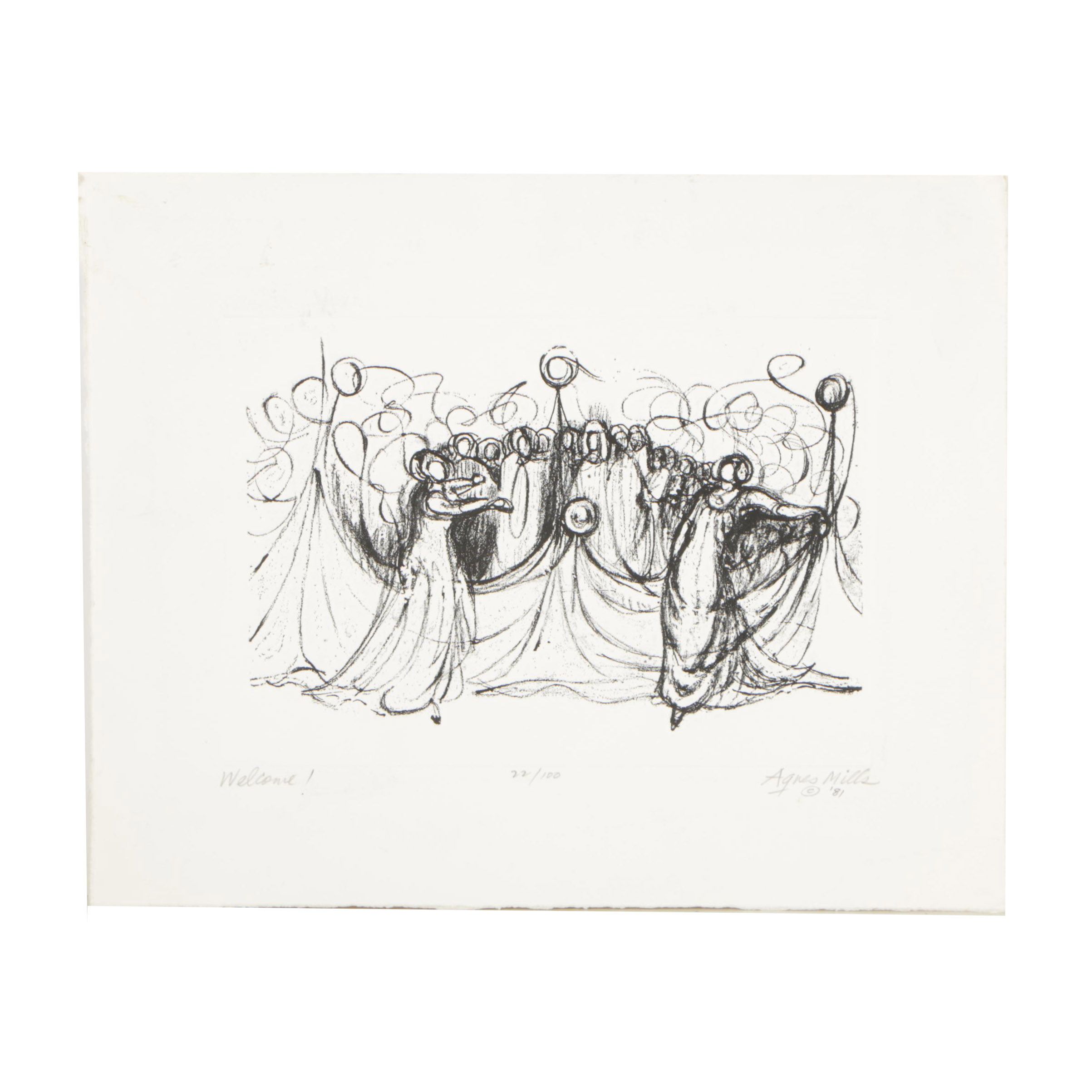 Agnes Mills Embossed Offset Lithographic Print "Welcome!"