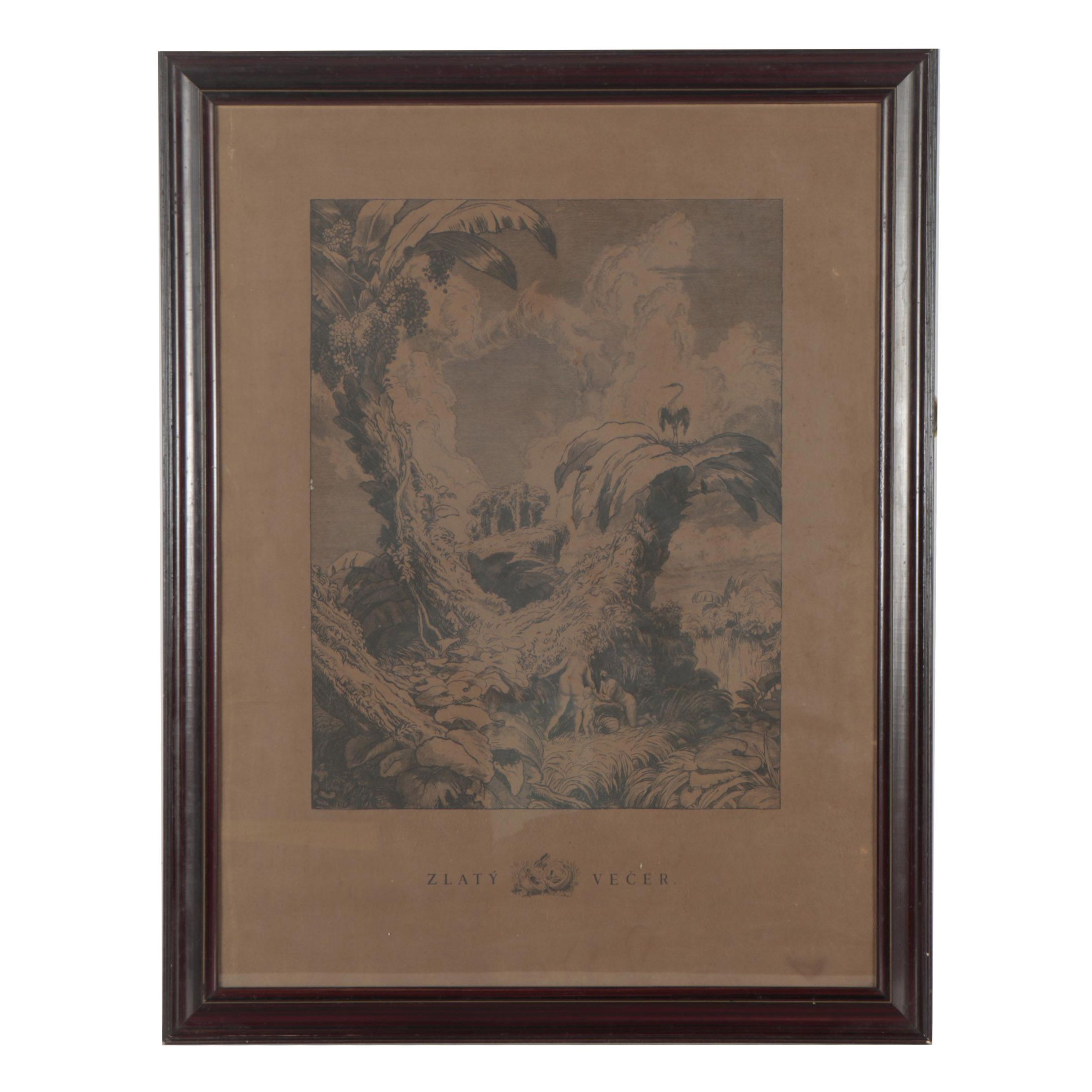 Woodcut Print After Maximilian Svabinsky "Zlatý Večer"