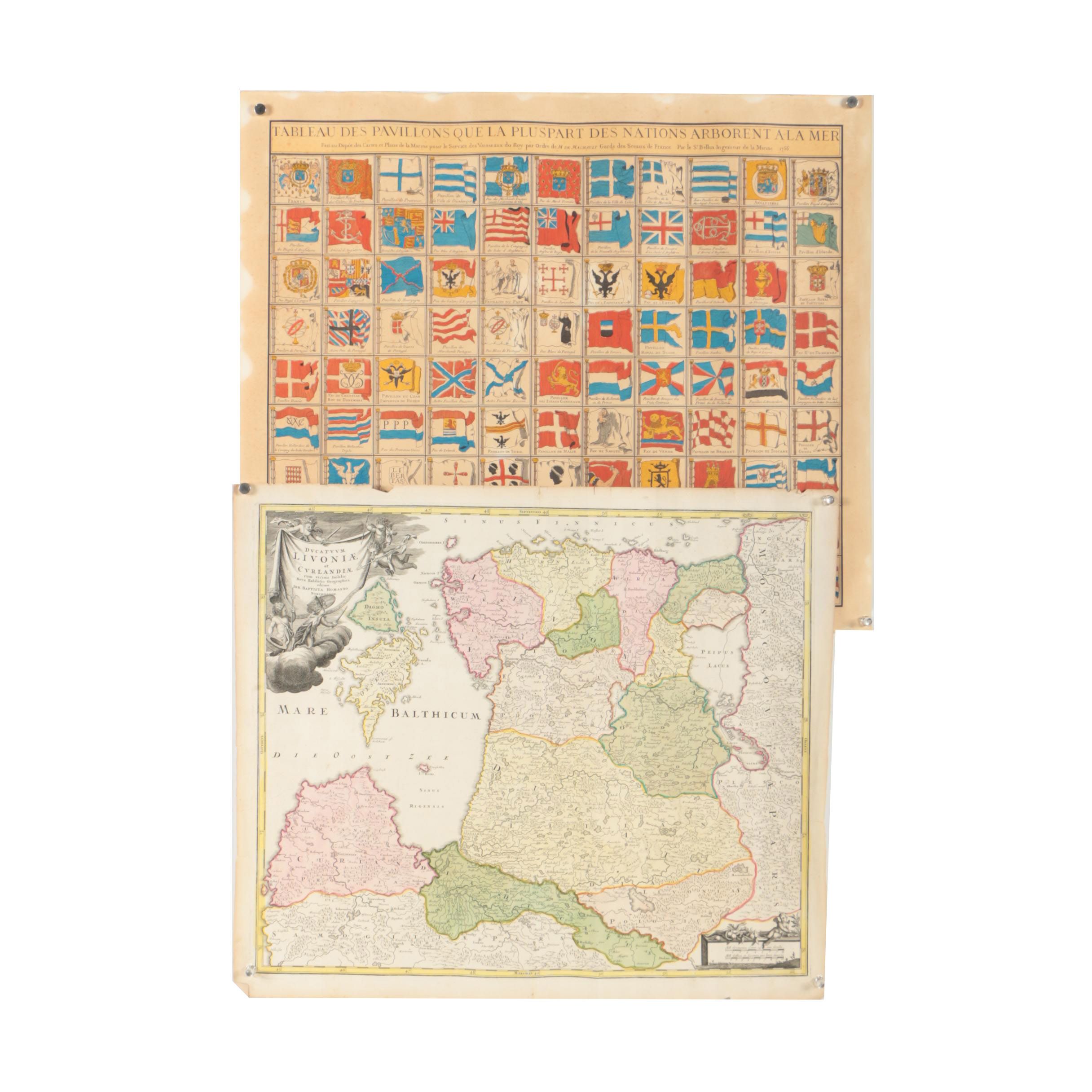 Engraving of Atlas Map of Baltic States and Engraving of World Flags