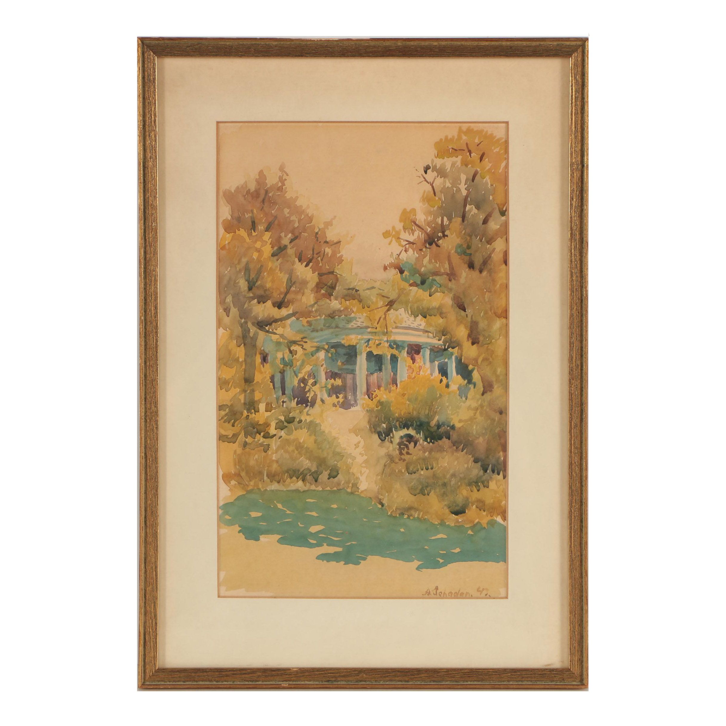 A. Schadan Watercolor of a Garden Gazebo