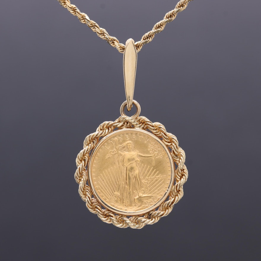 14K Yellow Gold Necklace and Pendant with 1989 $5 American Eagle Gold Coin