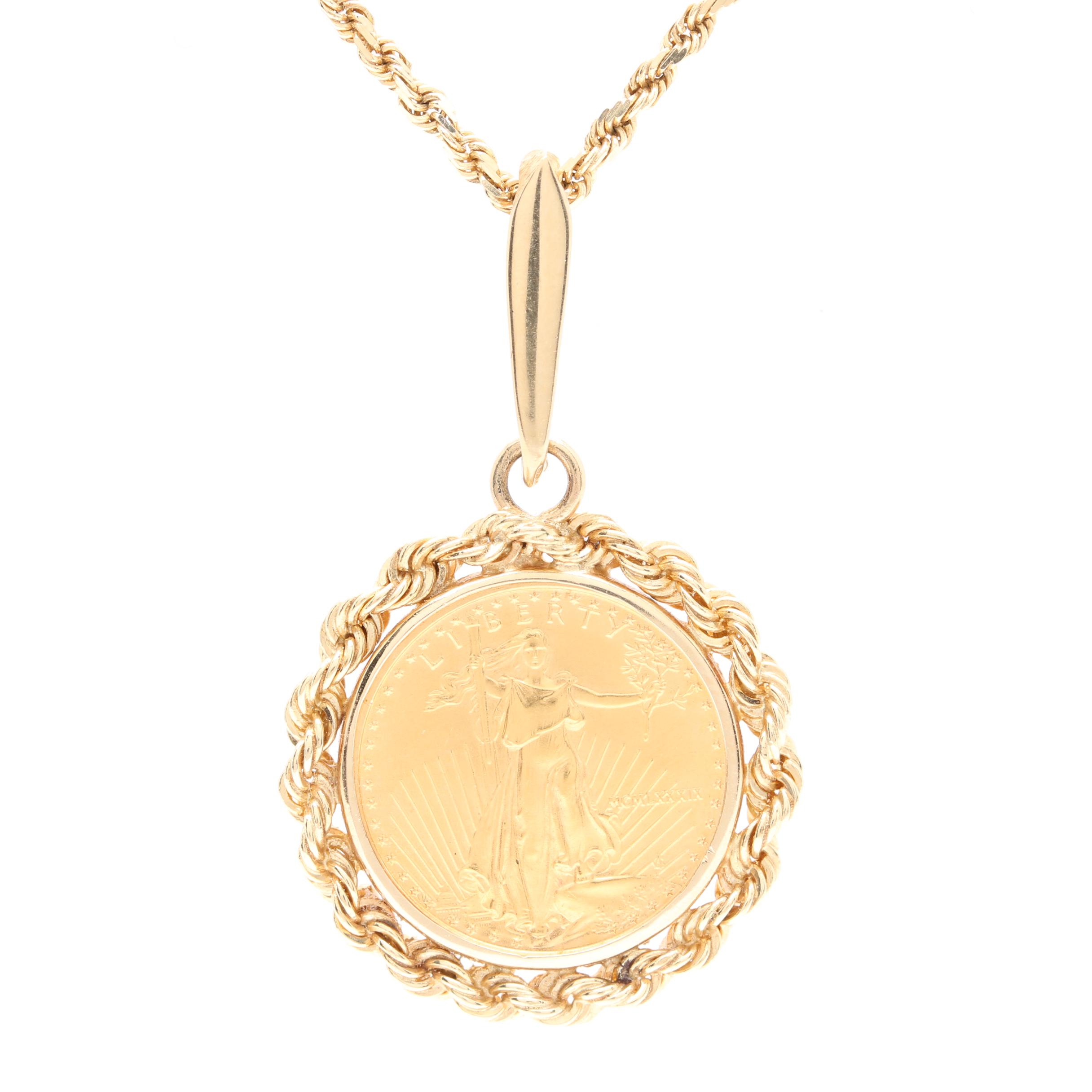14K Yellow Gold Necklace and Pendant with 1989 $5 American Eagle Gold Coin