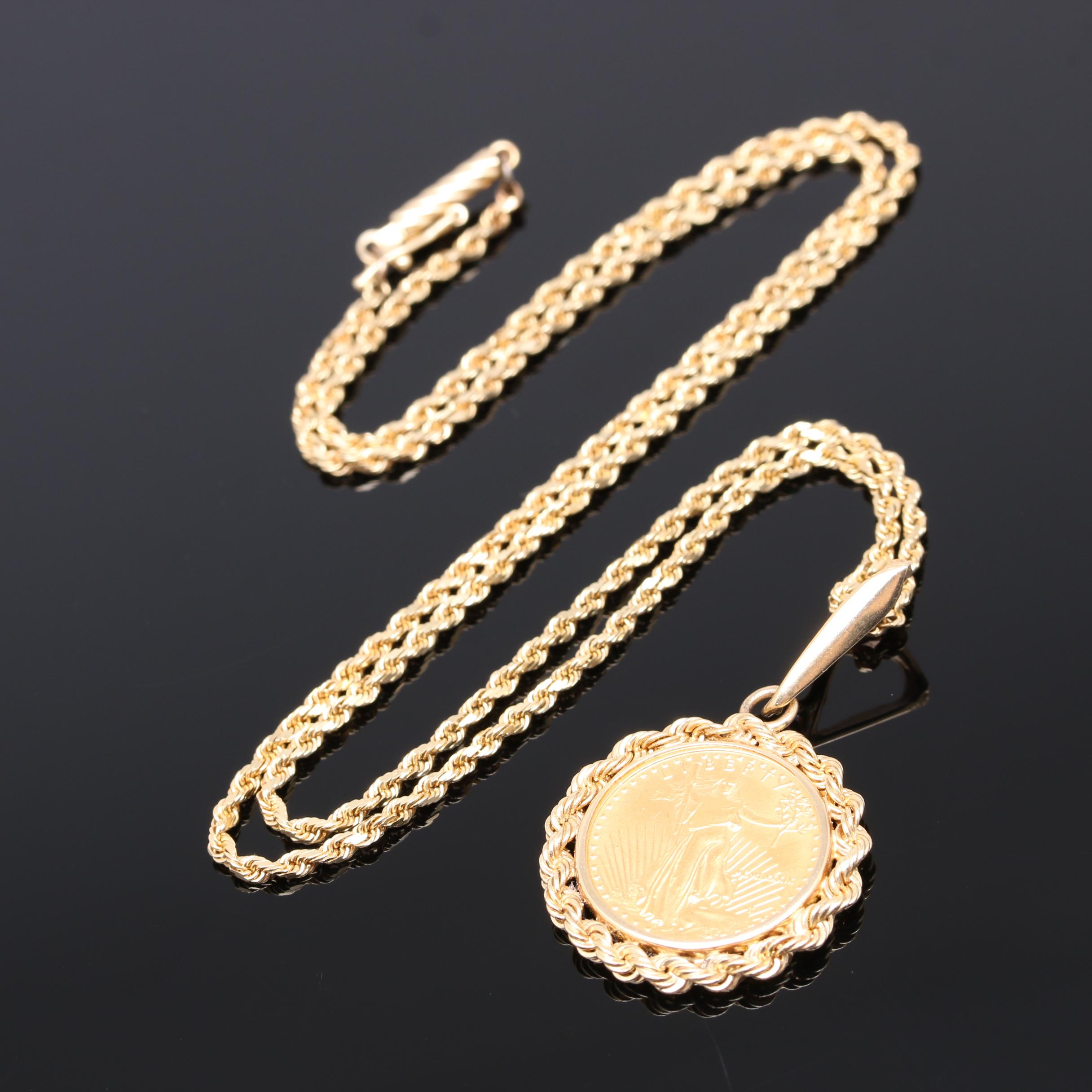 14K Yellow Gold Necklace and Pendant with 1989 $5 American Eagle Gold Coin