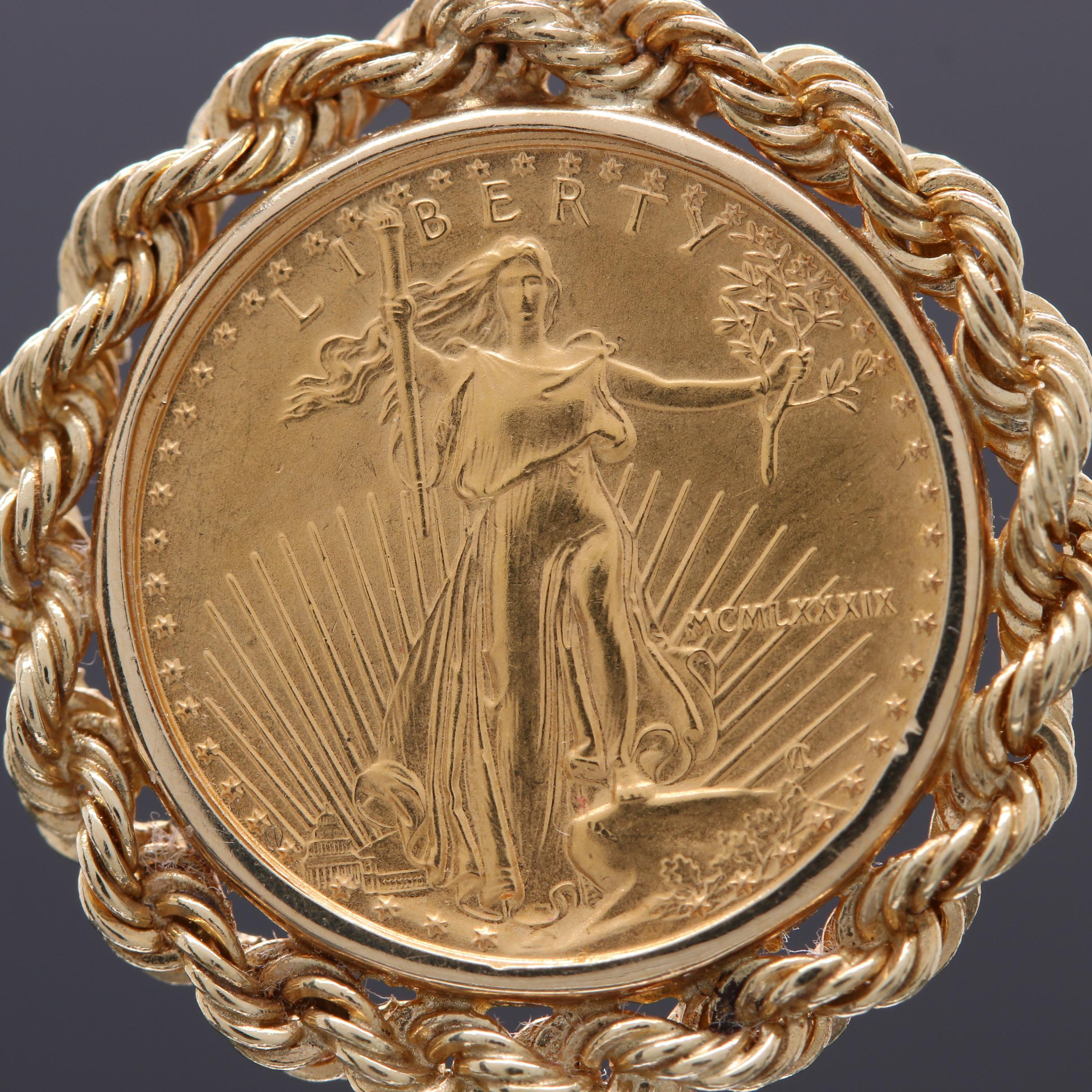 14K Yellow Gold Necklace and Pendant with 1989 $5 American Eagle Gold Coin