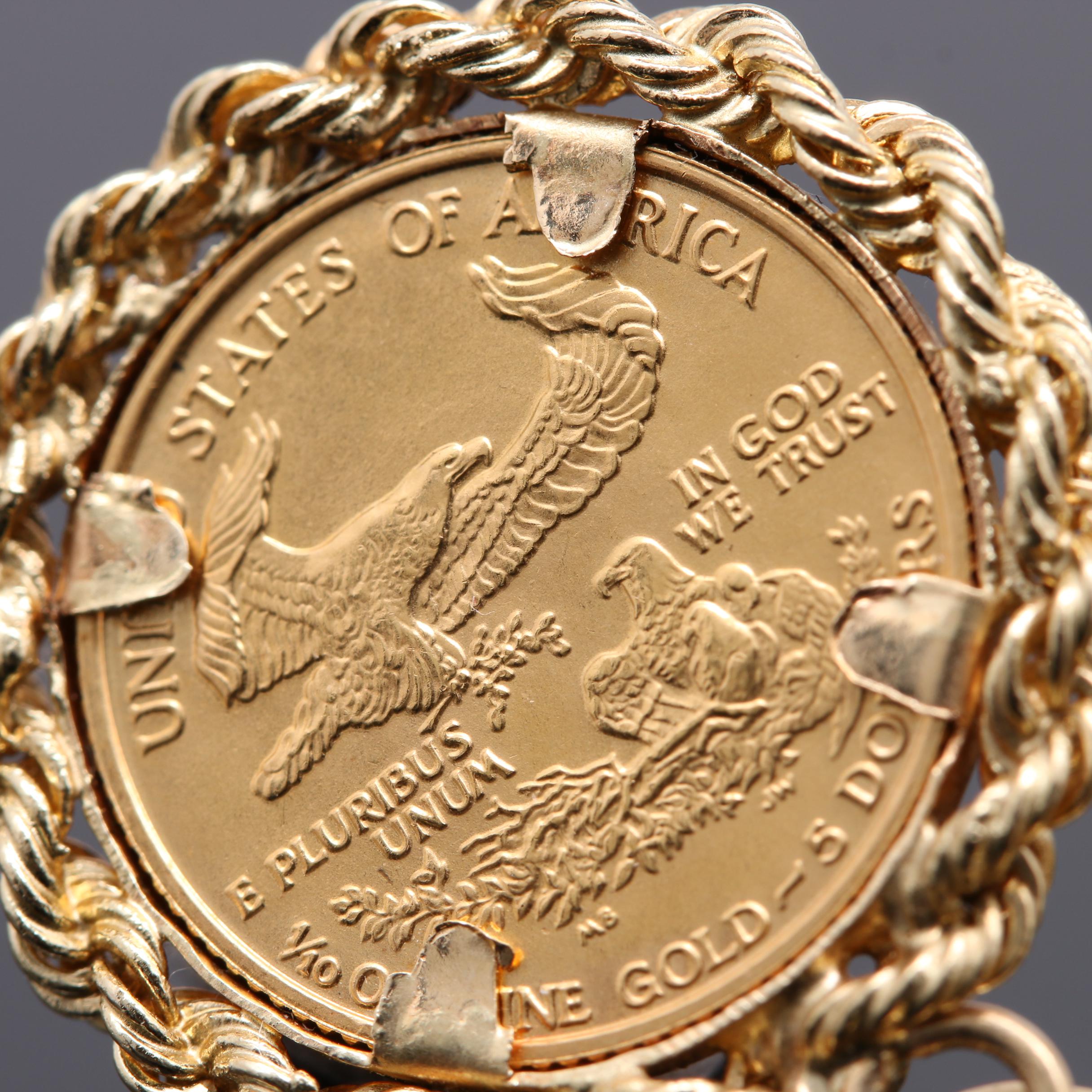 14K Yellow Gold Necklace and Pendant with 1989 $5 American Eagle Gold Coin