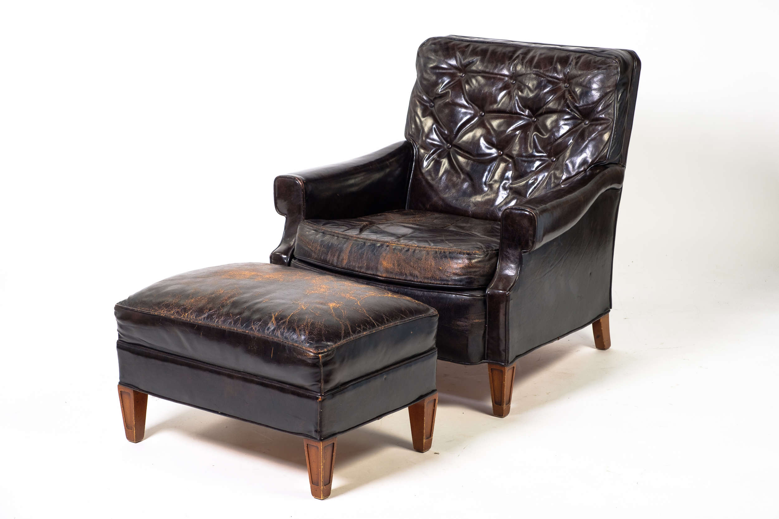Vintage Leather Armchair and Ottoman by Hickory Chair Company
