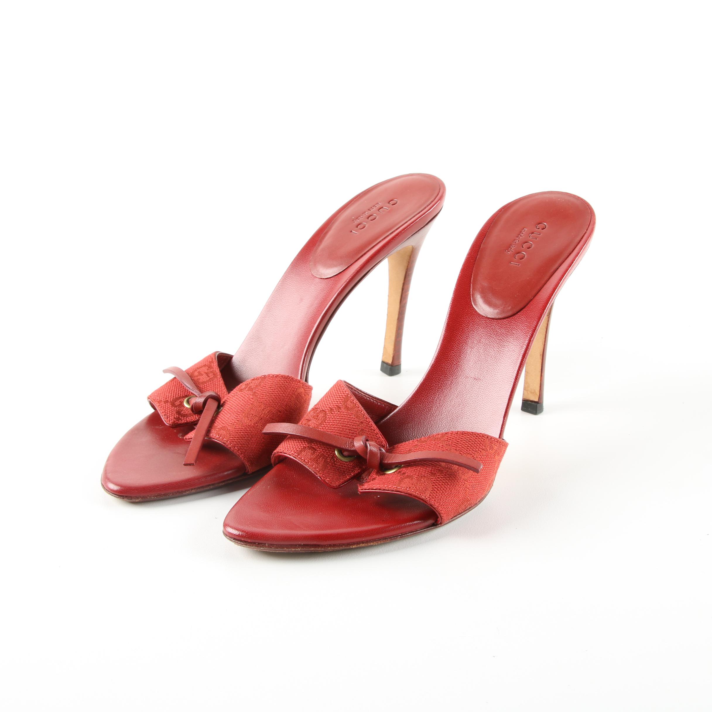 Gucci GG Monogram Canvas and Leather Heeled Slides