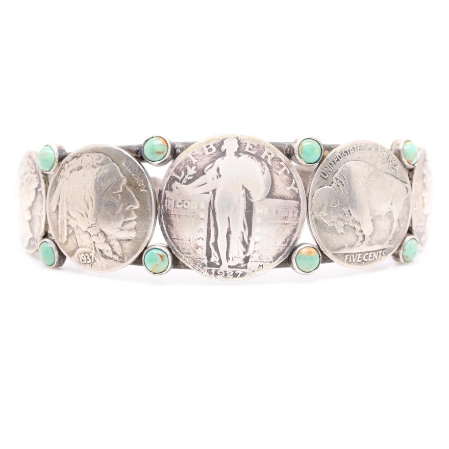 Southwestern Style Sterling Silver Turquoise U.S. Coin Cuff