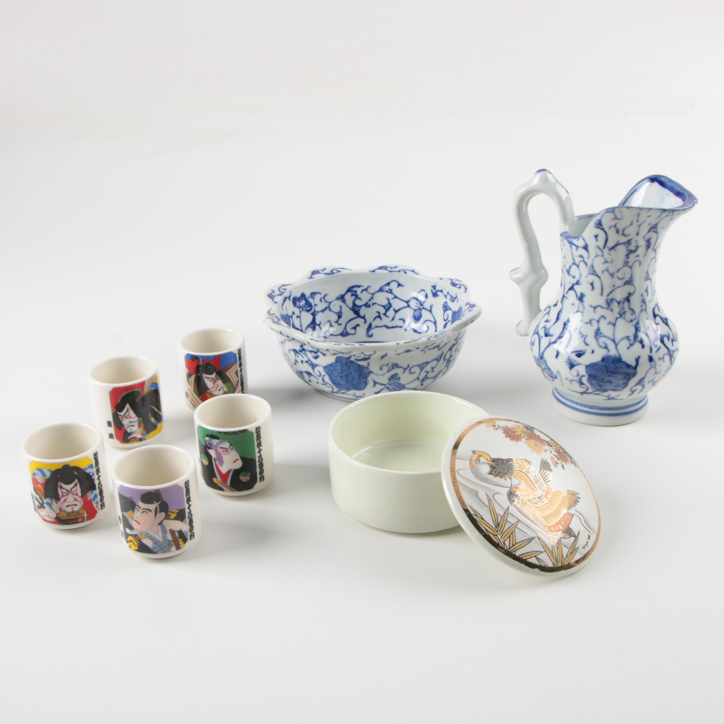 East Asian Tableware and Trinket Box Including Shot Glasses