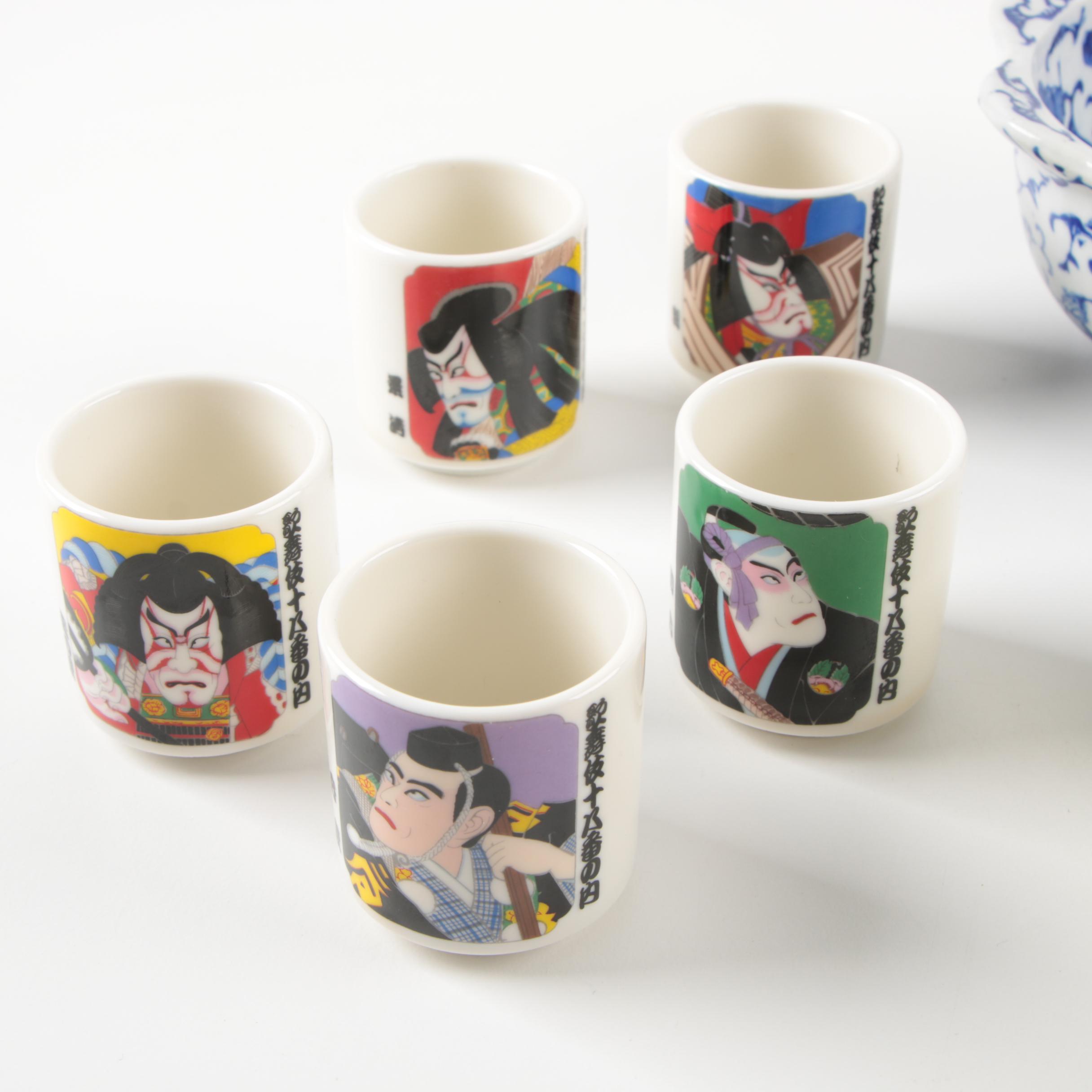 East Asian Tableware and Trinket Box Including Shot Glasses