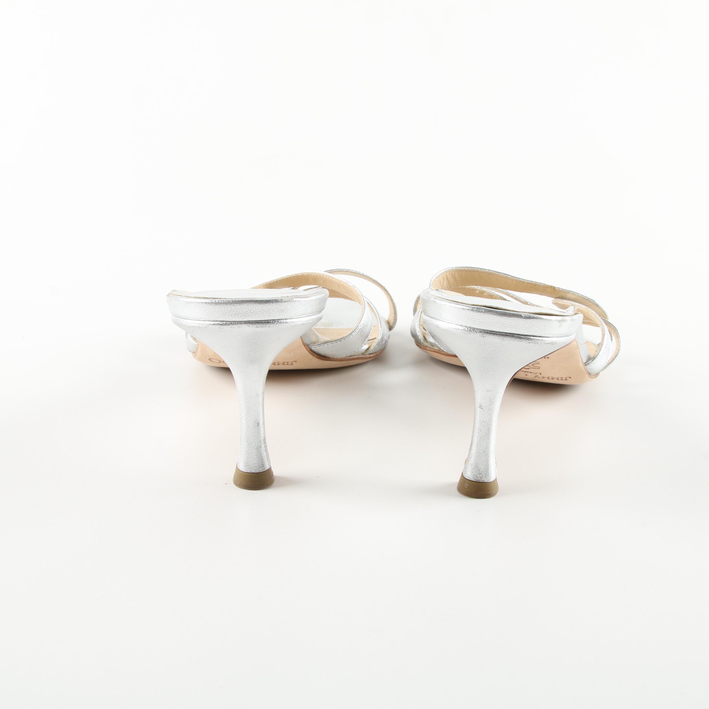 Jimmy Choo Silver Tone Leather High-Heeled Sandals