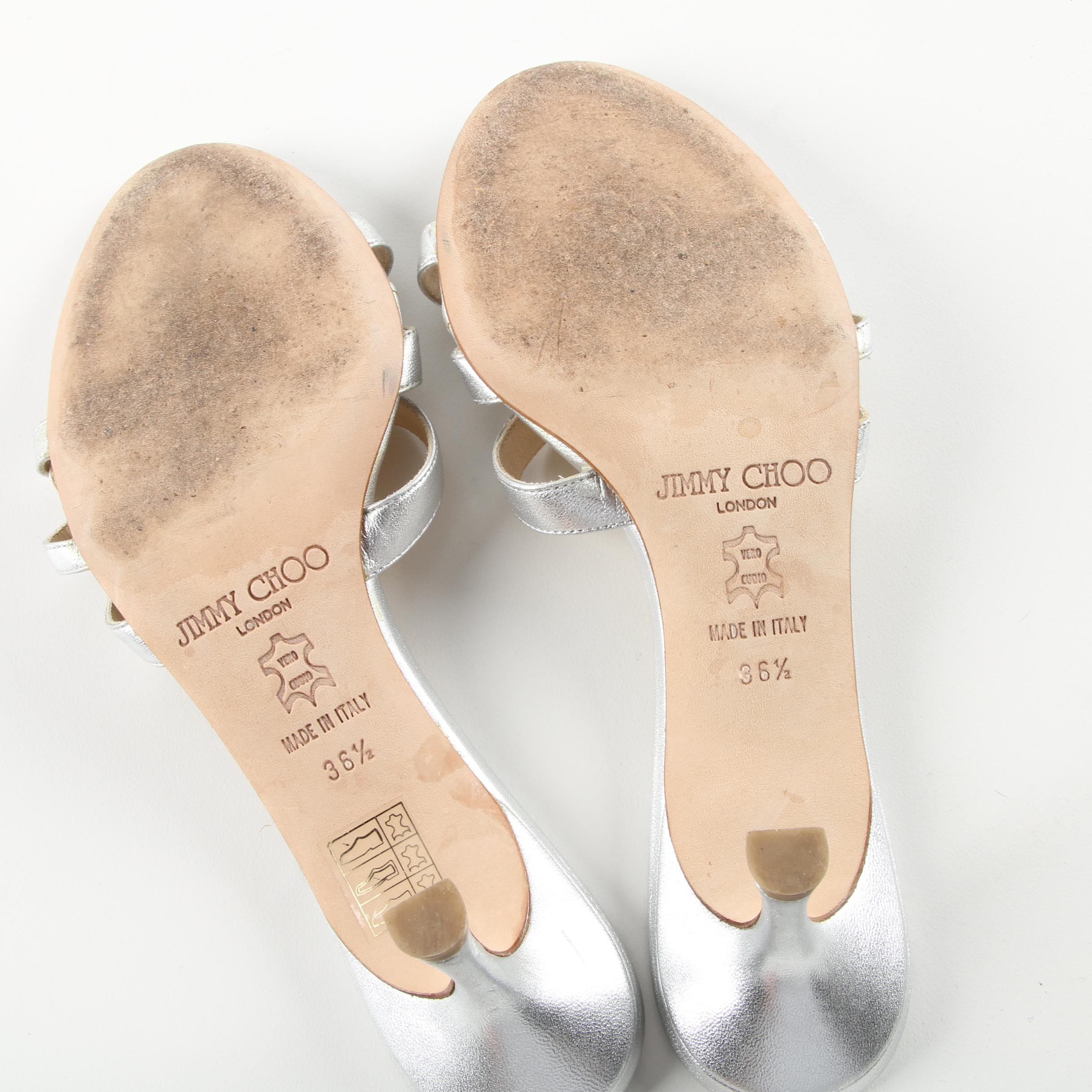 Jimmy Choo Silver Tone Leather High-Heeled Sandals