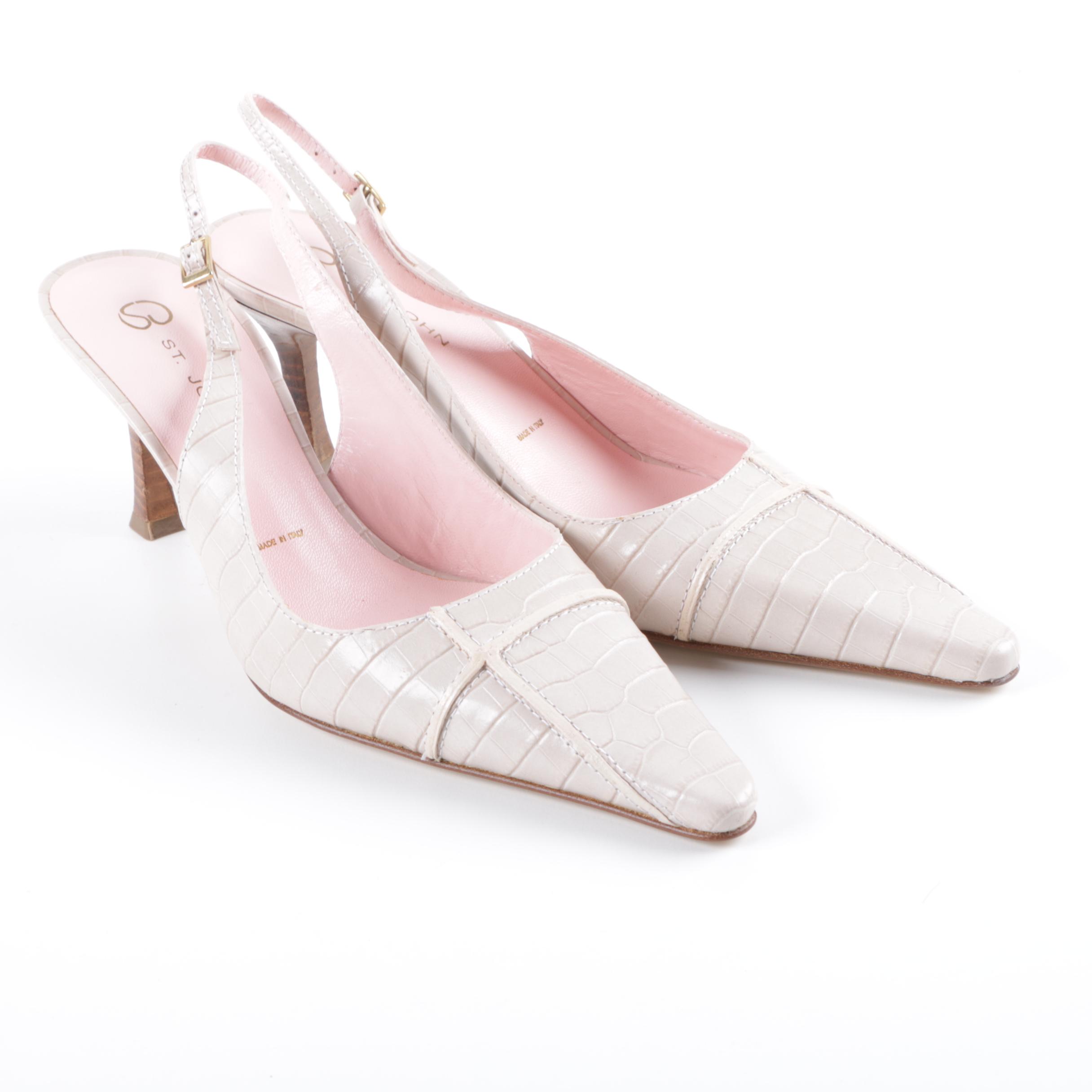 St. John Off-White Embossed Leather Slingback Pumps