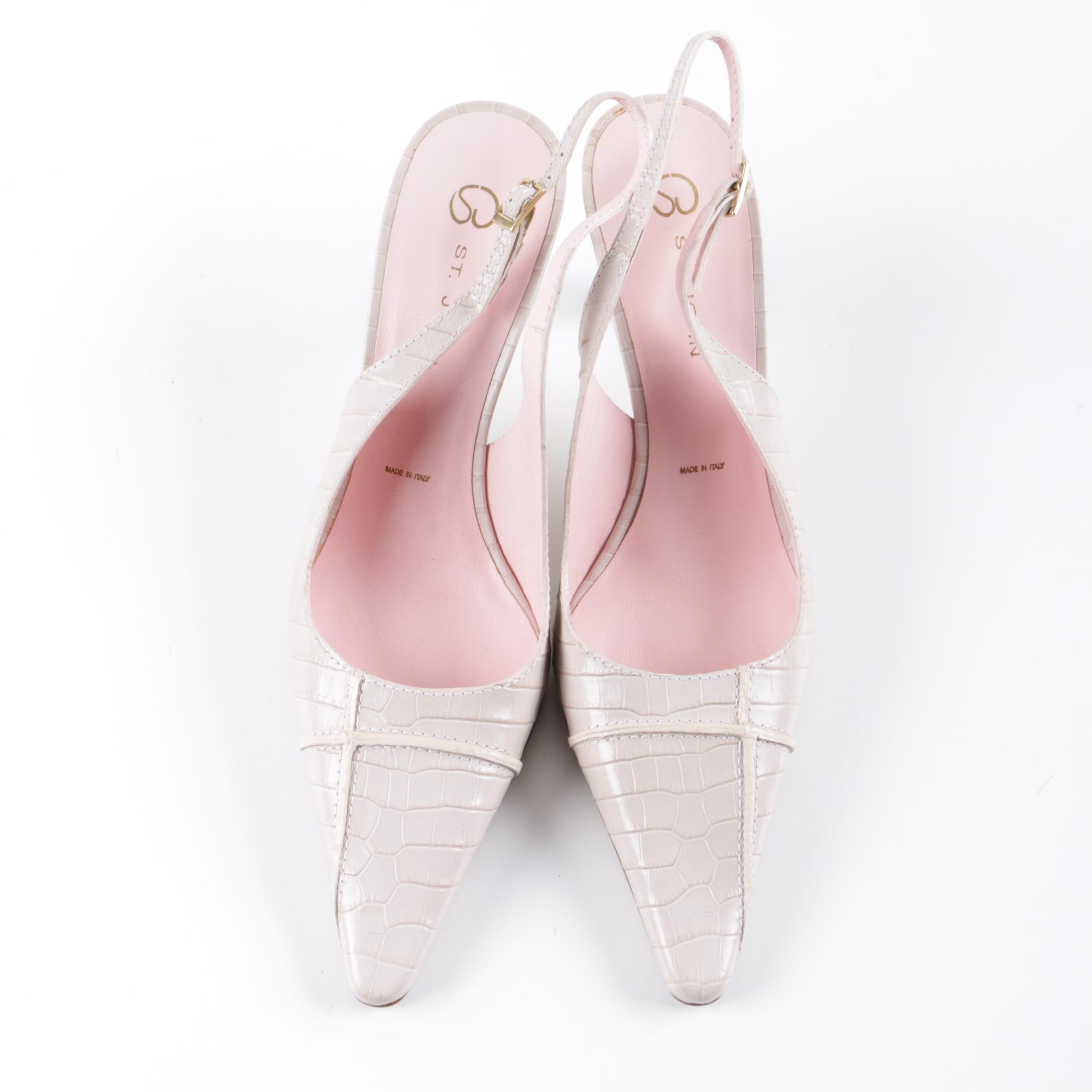 St. John Off-White Embossed Leather Slingback Pumps