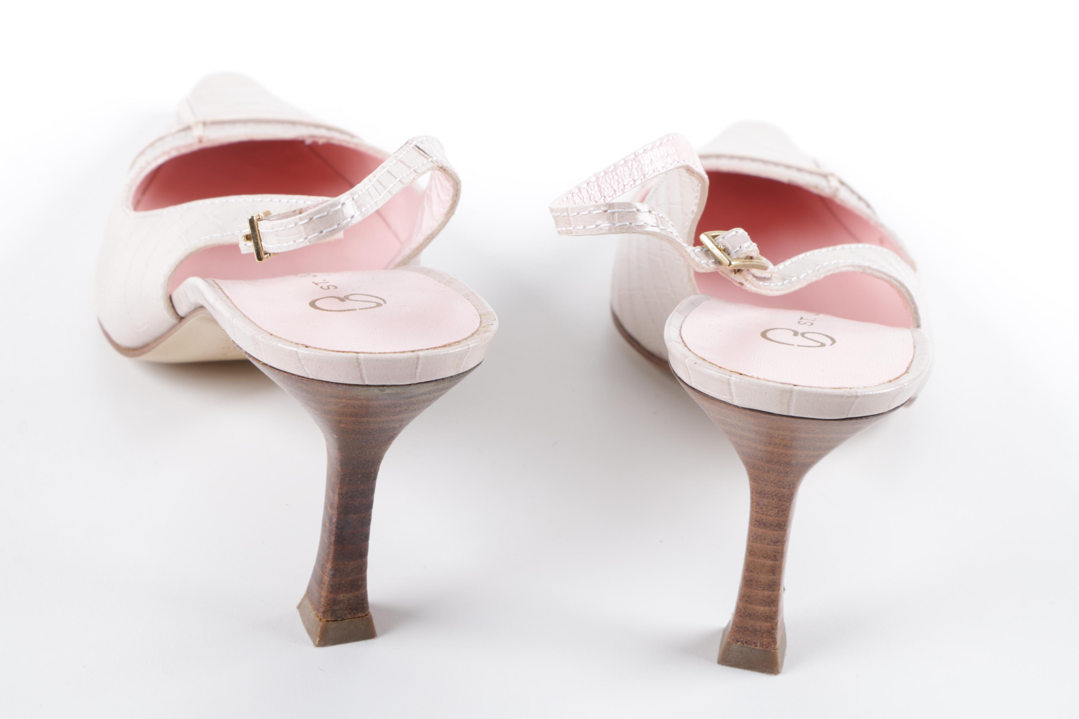 St. John Off-White Embossed Leather Slingback Pumps