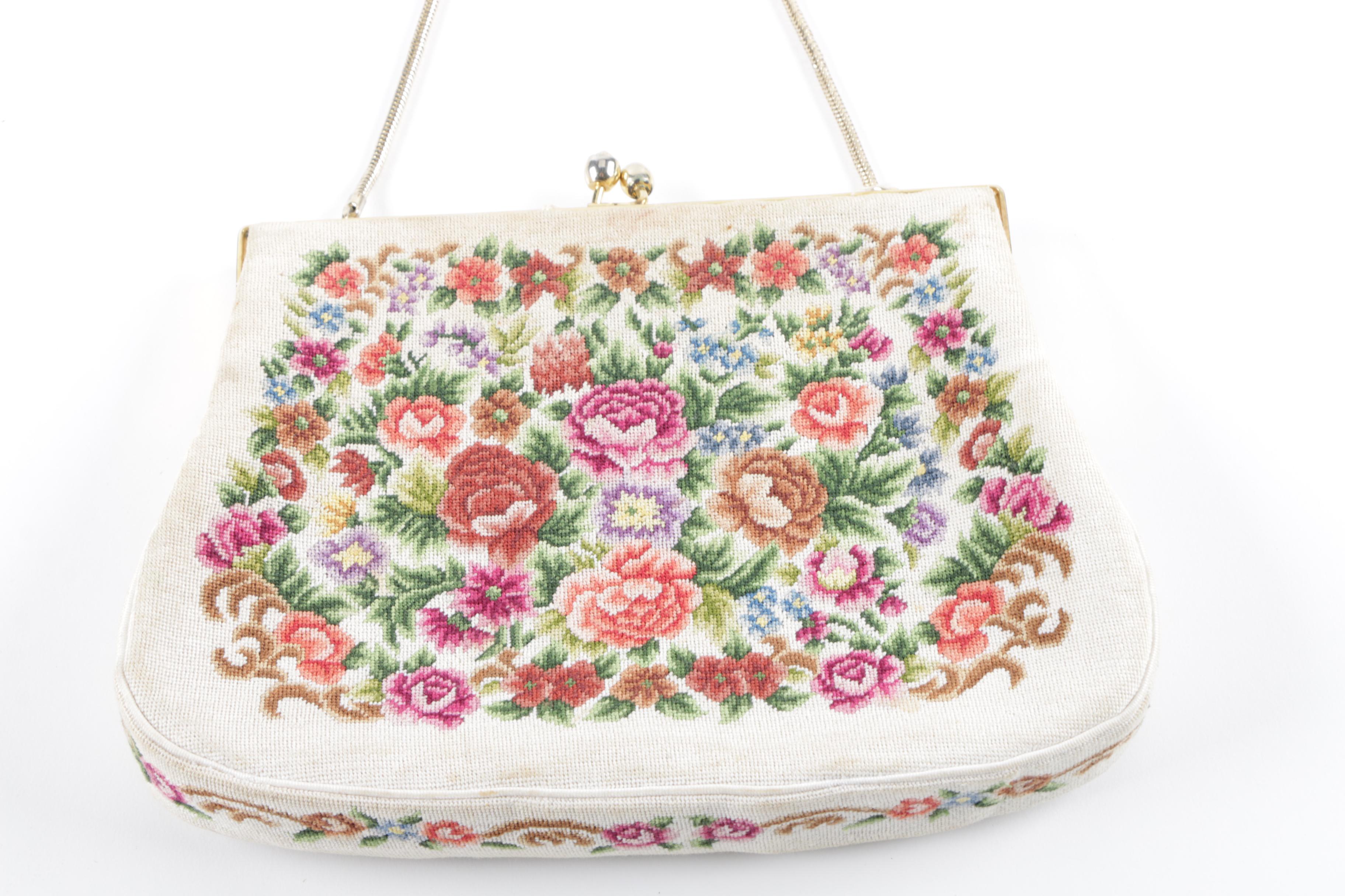 Vintage Floral Cross Stitch and Metal Mesh Evening Bags
