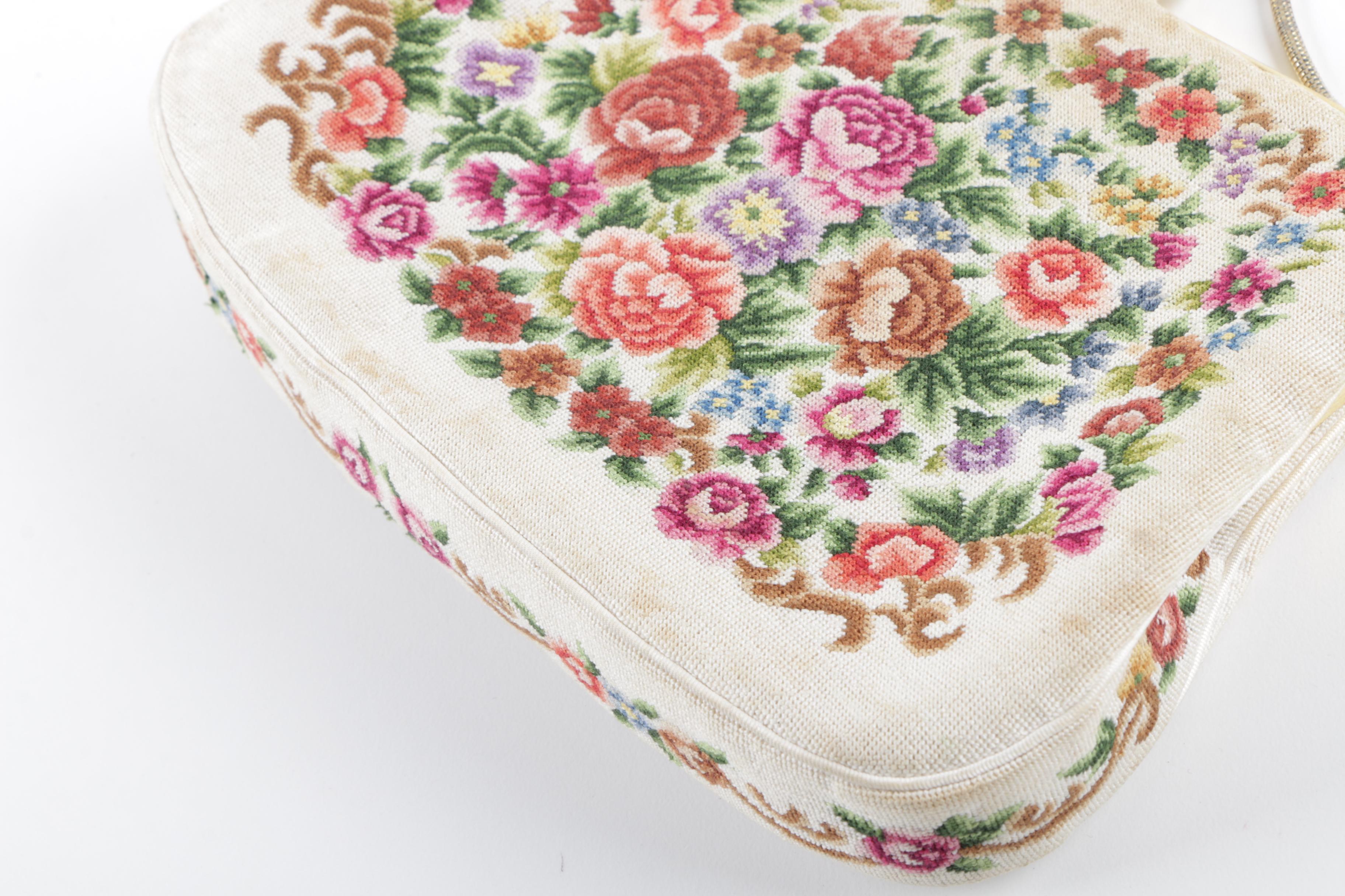 Vintage Floral Cross Stitch and Metal Mesh Evening Bags