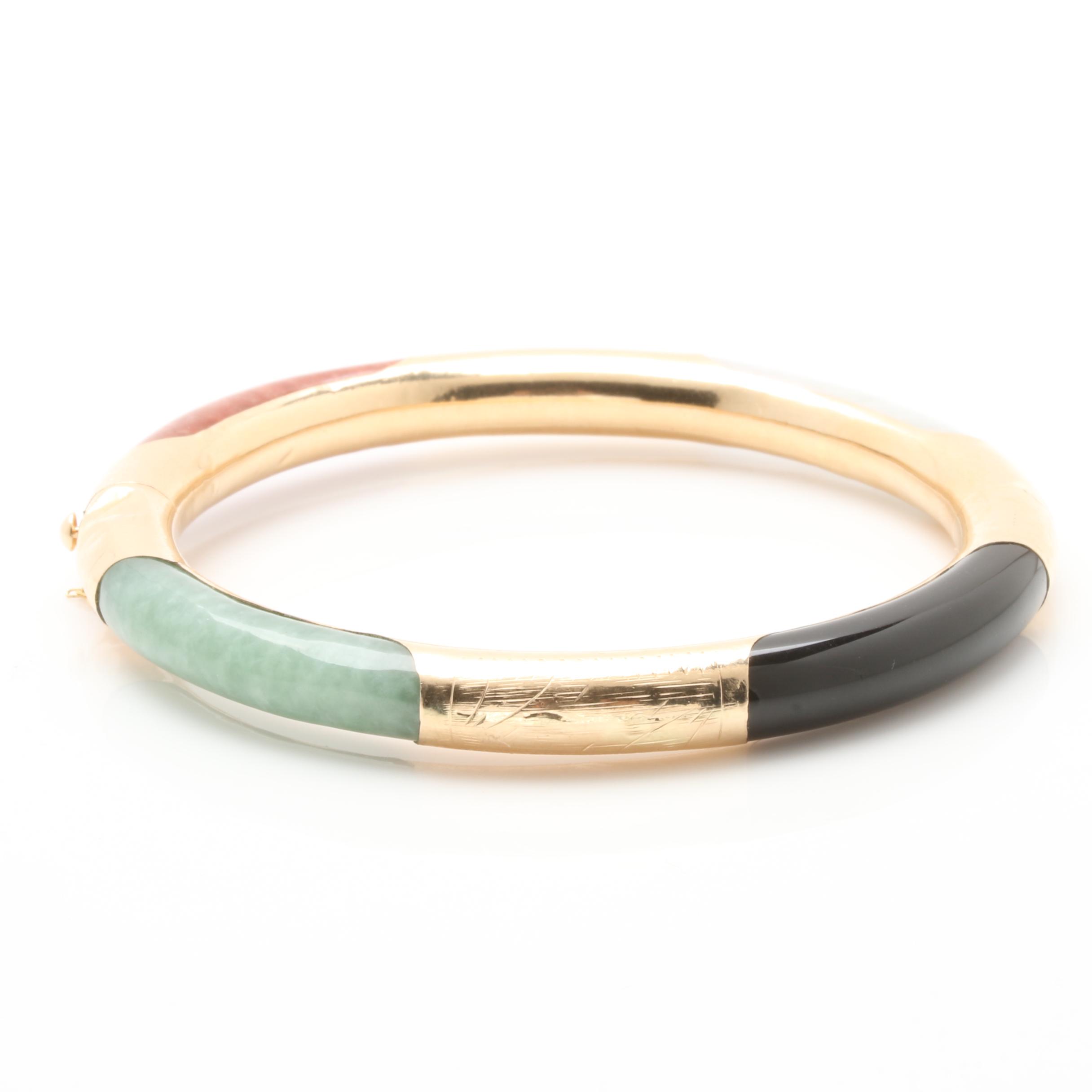 14K Yellow Gold Jadeite and Black Onyx Bangle Bracelet