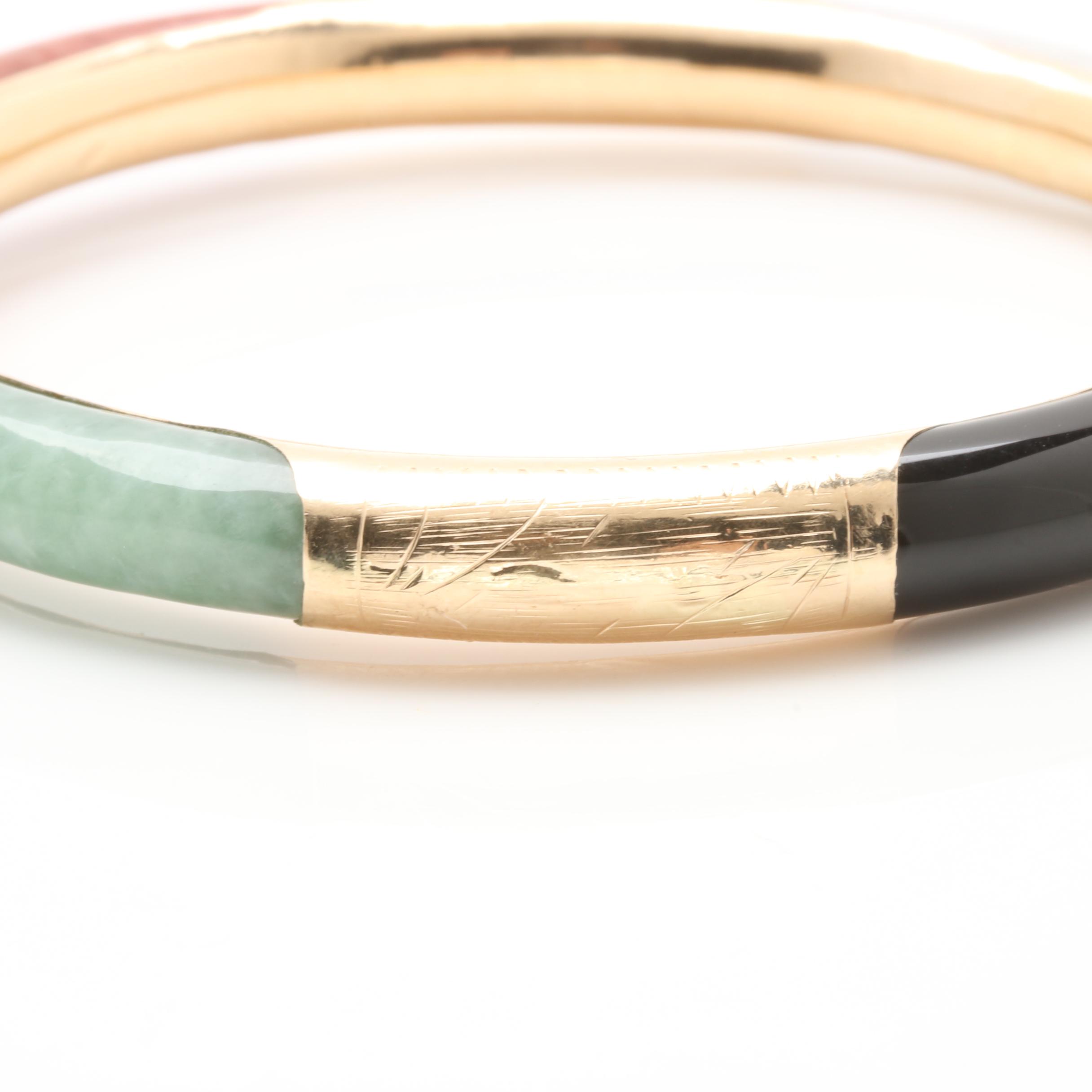 14K Yellow Gold Jadeite and Black Onyx Bangle Bracelet