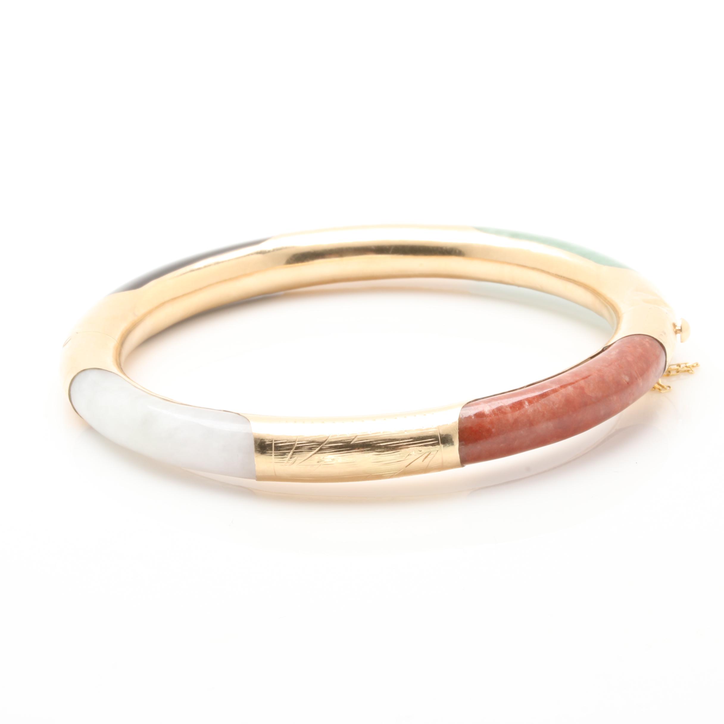 14K Yellow Gold Jadeite and Black Onyx Bangle Bracelet