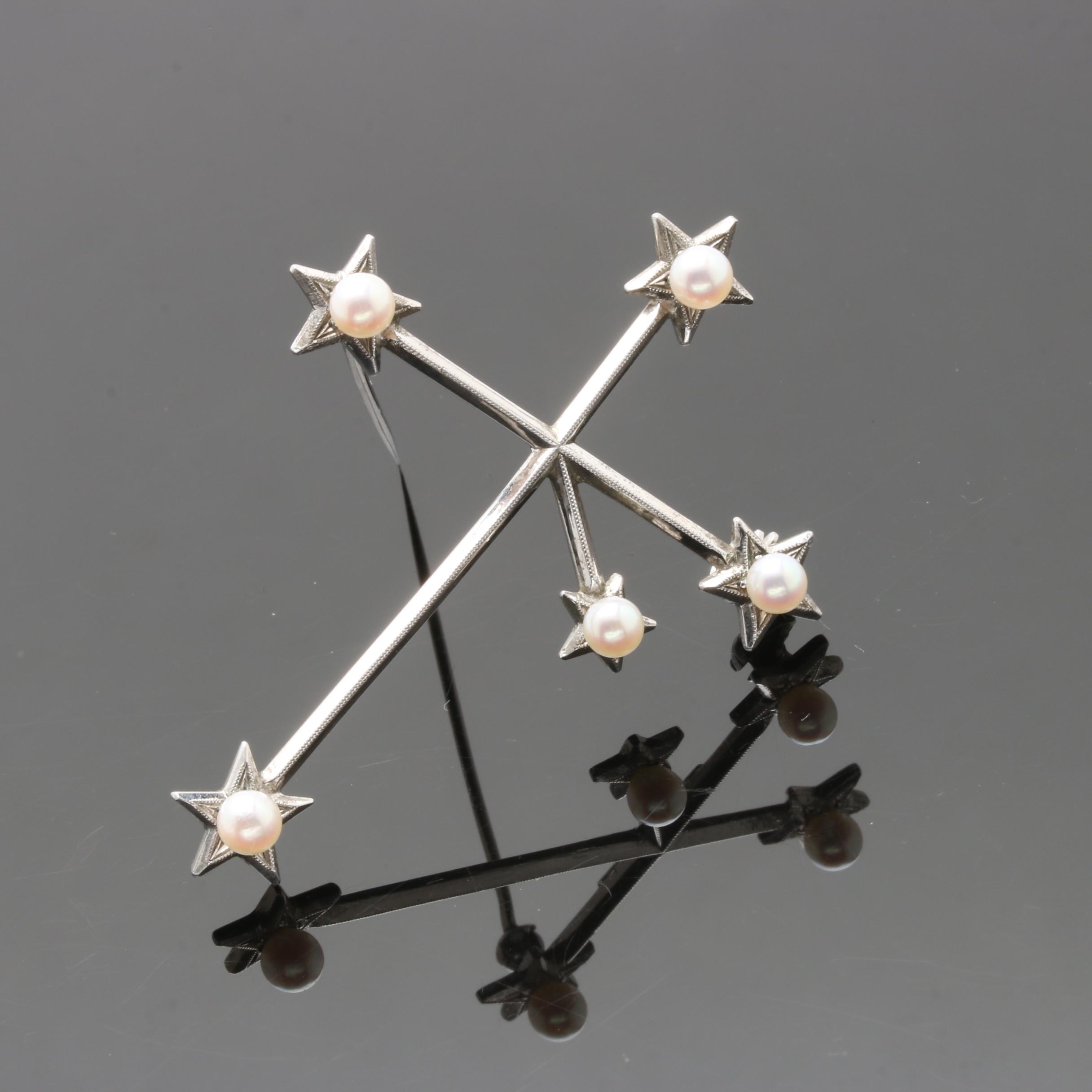 Mikimoto Sterling Silver Cultured Pearl Southern Cross Constellation Brooch
