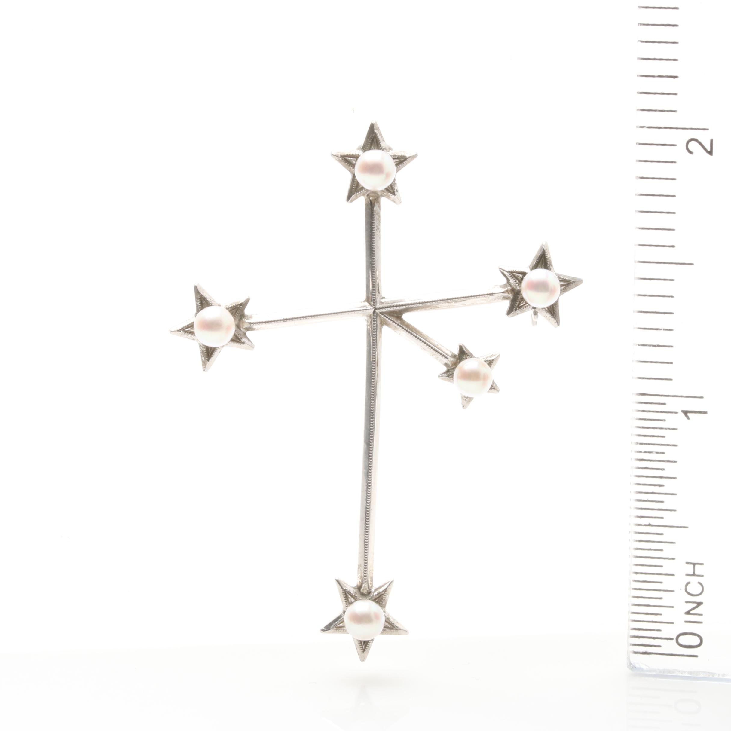 Mikimoto Sterling Silver Cultured Pearl Southern Cross Constellation Brooch