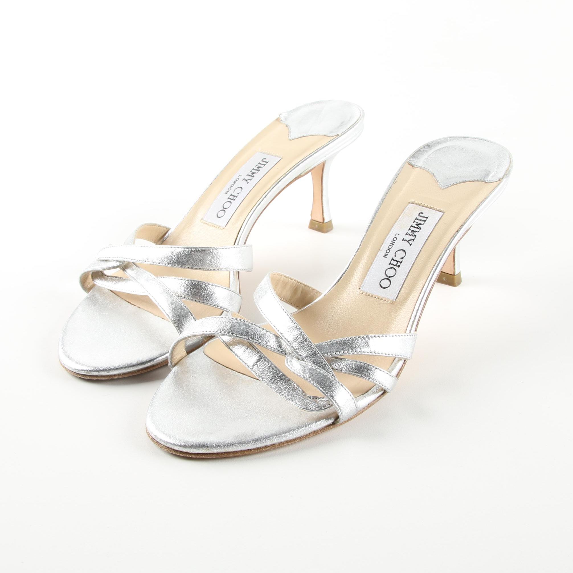 Jimmy Choo Silver Tone Leather High-Heeled Sandals