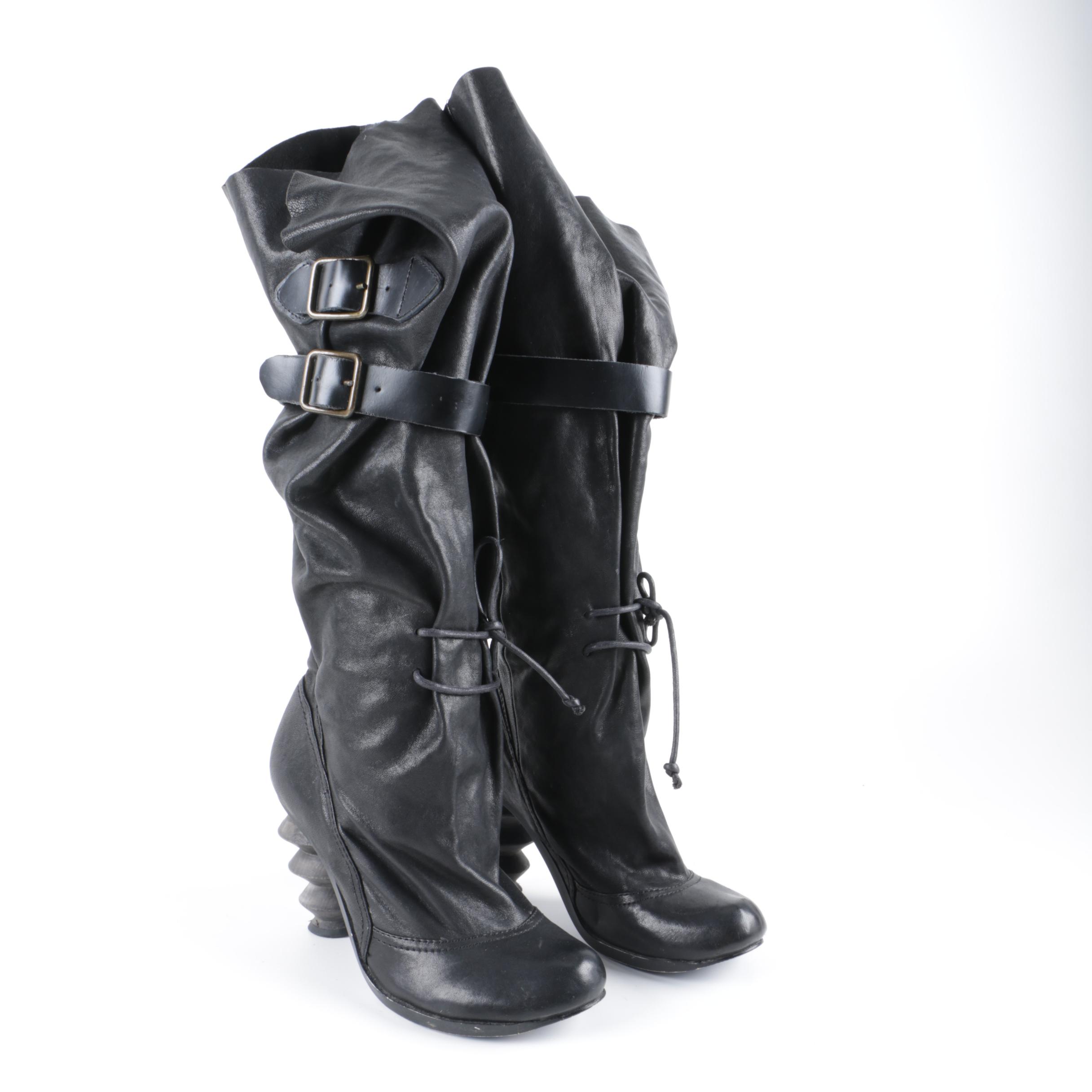 Irregular Choice Black Leather Spool Heel Boots