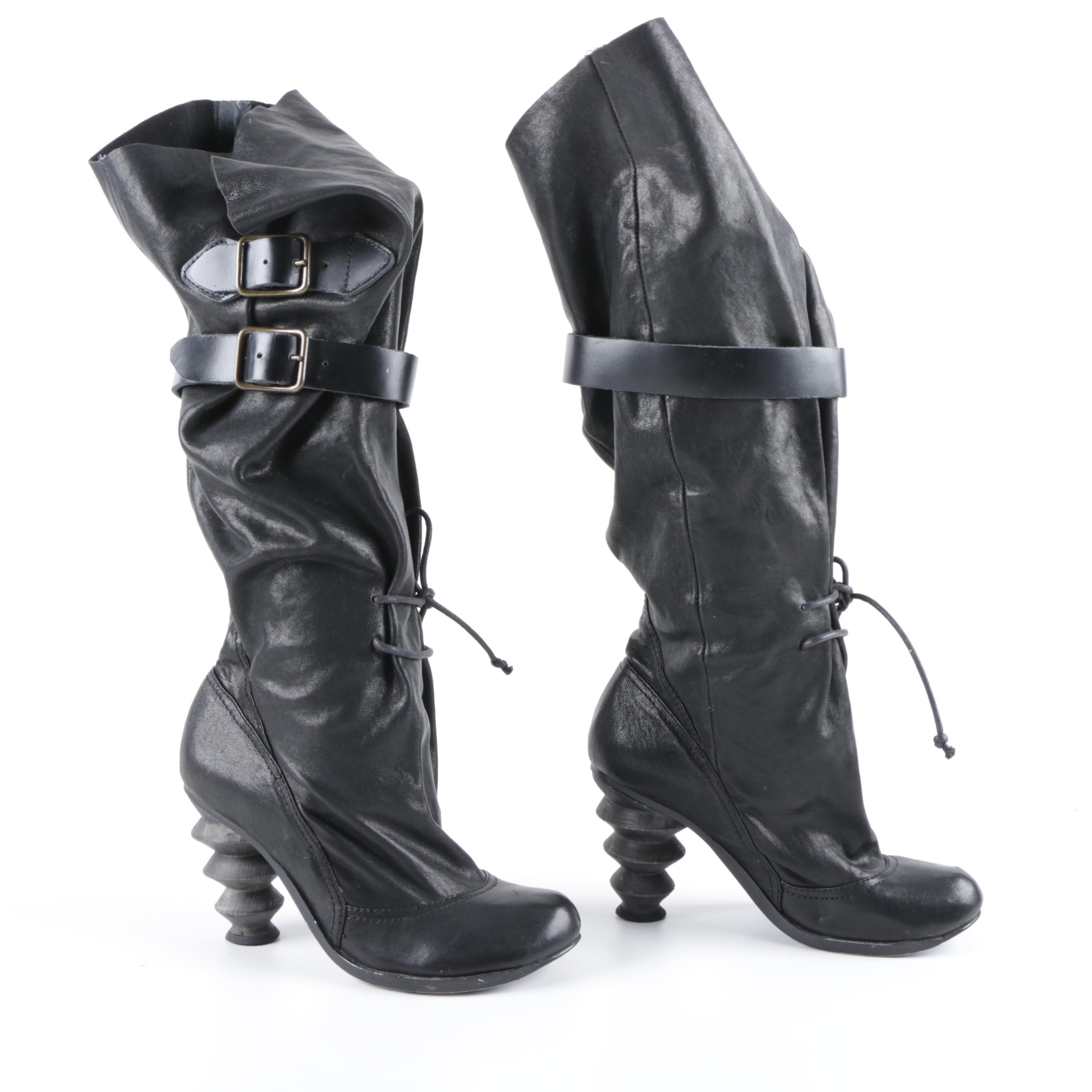 Irregular Choice Black Leather Spool Heel Boots