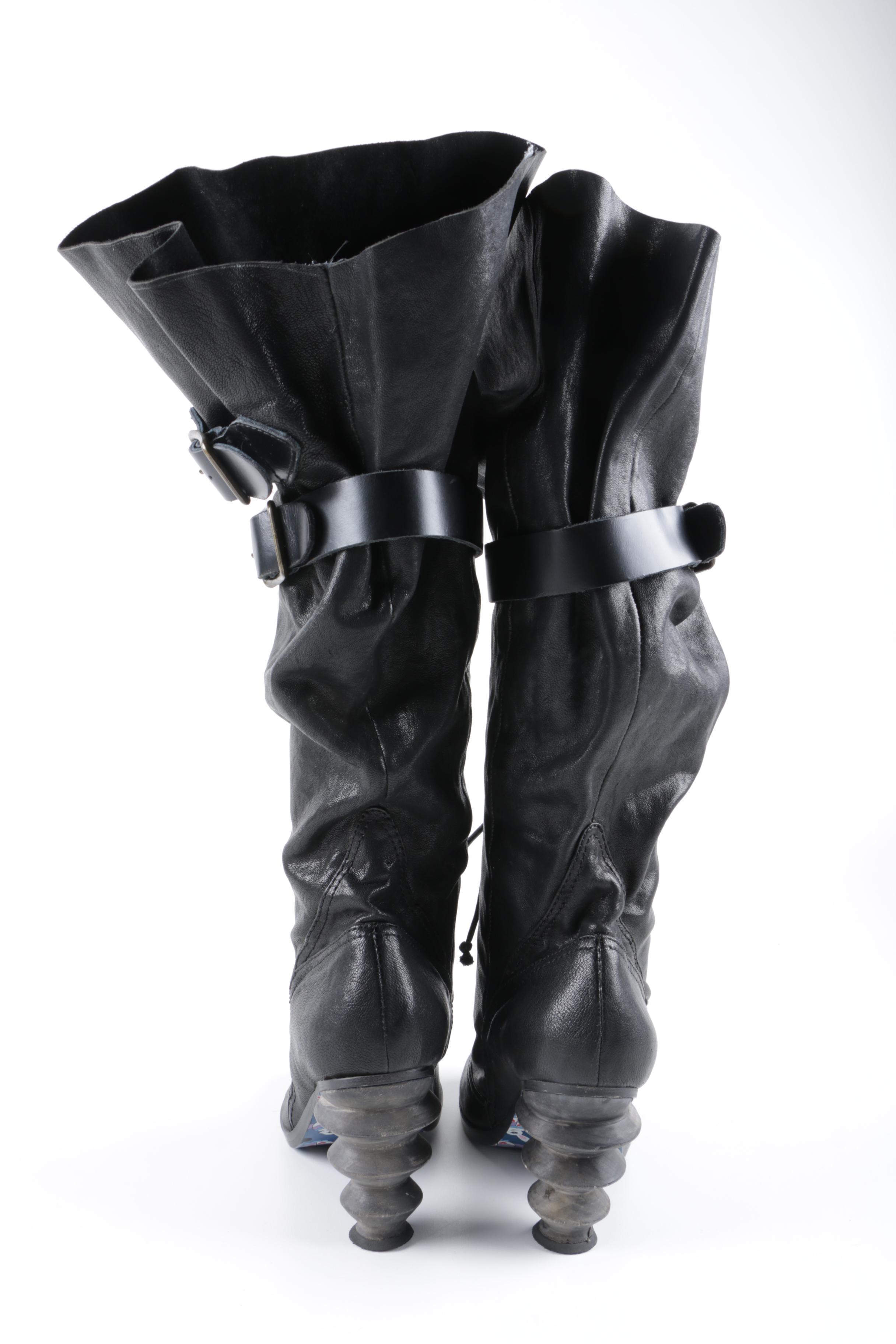 Irregular Choice Black Leather Spool Heel Boots