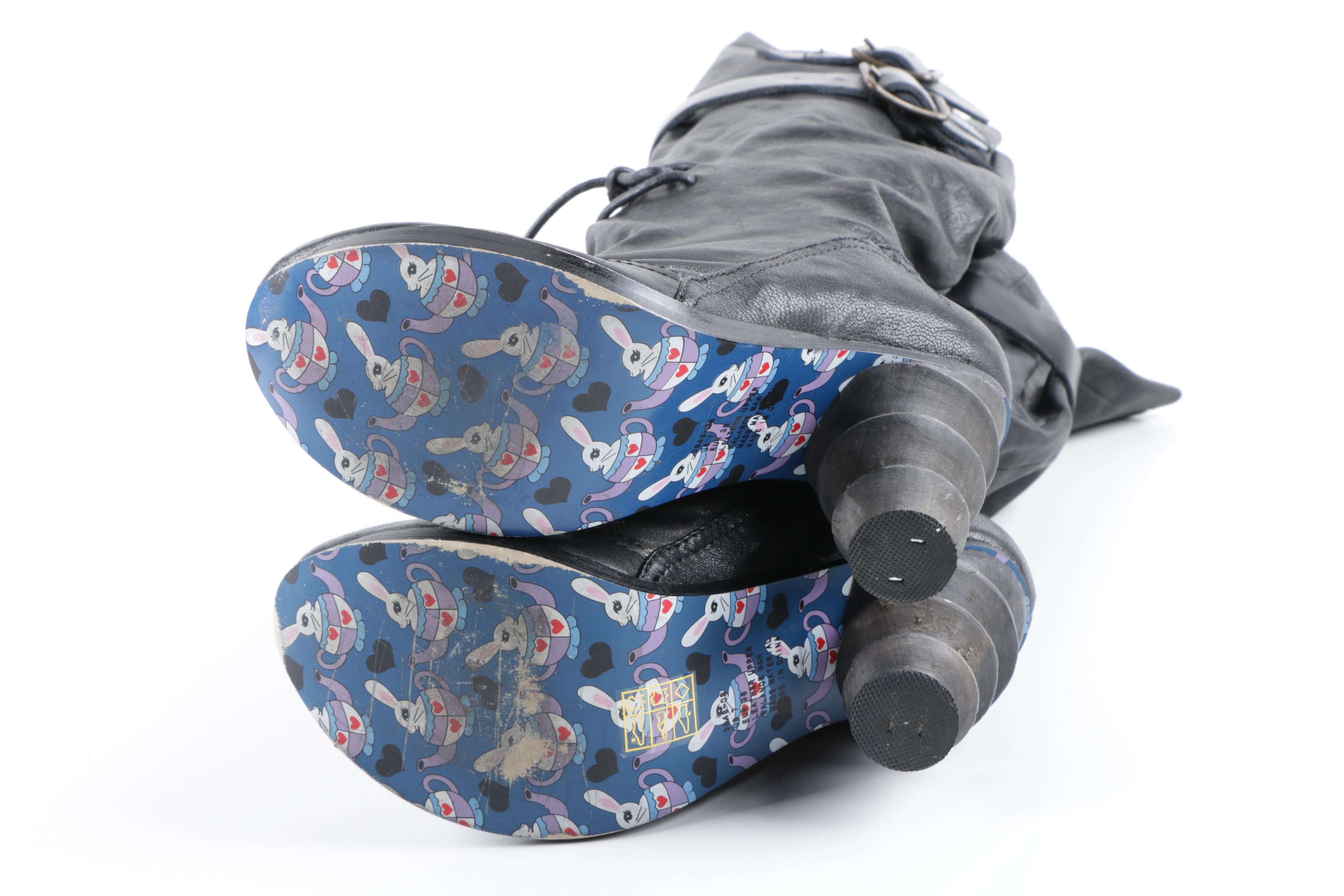 Irregular Choice Black Leather Spool Heel Boots